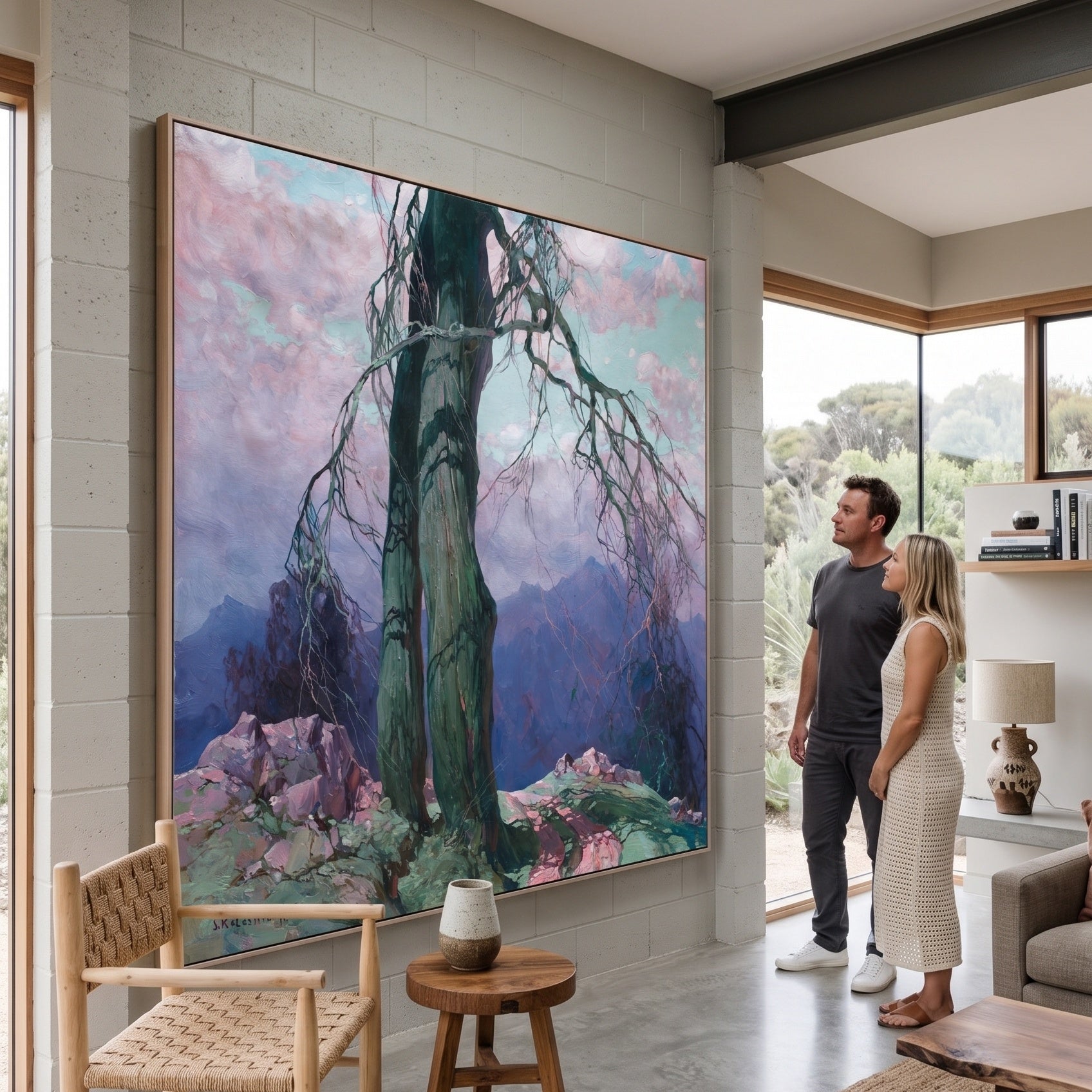 Weathered Tree on a Mountain Ridge by Stepan Kolesnikoff — large green and pink Impressionist canvas art on a living room wal