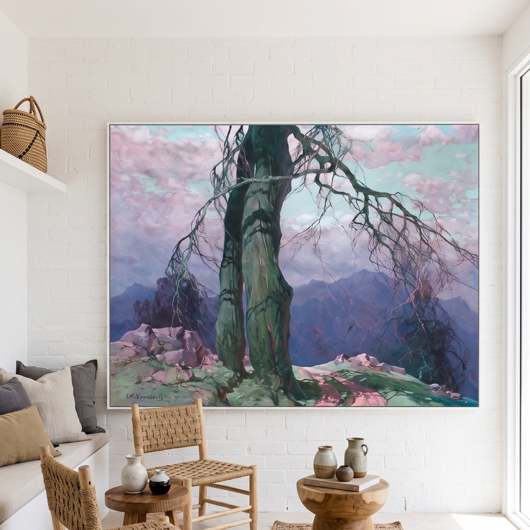 Weathered Tree on a Mountain Ridge by Stepan Kolesnikoff — large green and pink Impressionist canvas art on a living room wal