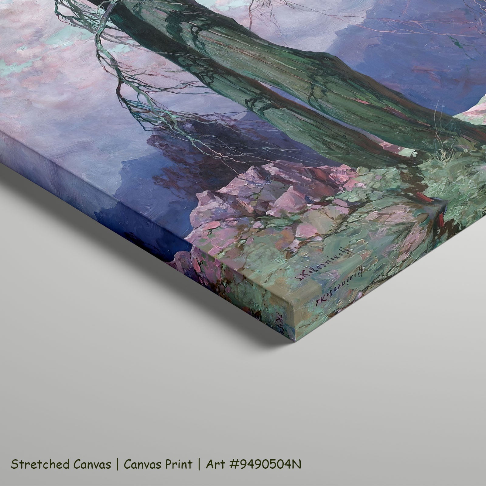 Weathered Tree on a Mountain Ridge by Stepan Kolesnikoff as a large stretched green and pink Impressionist canvas print