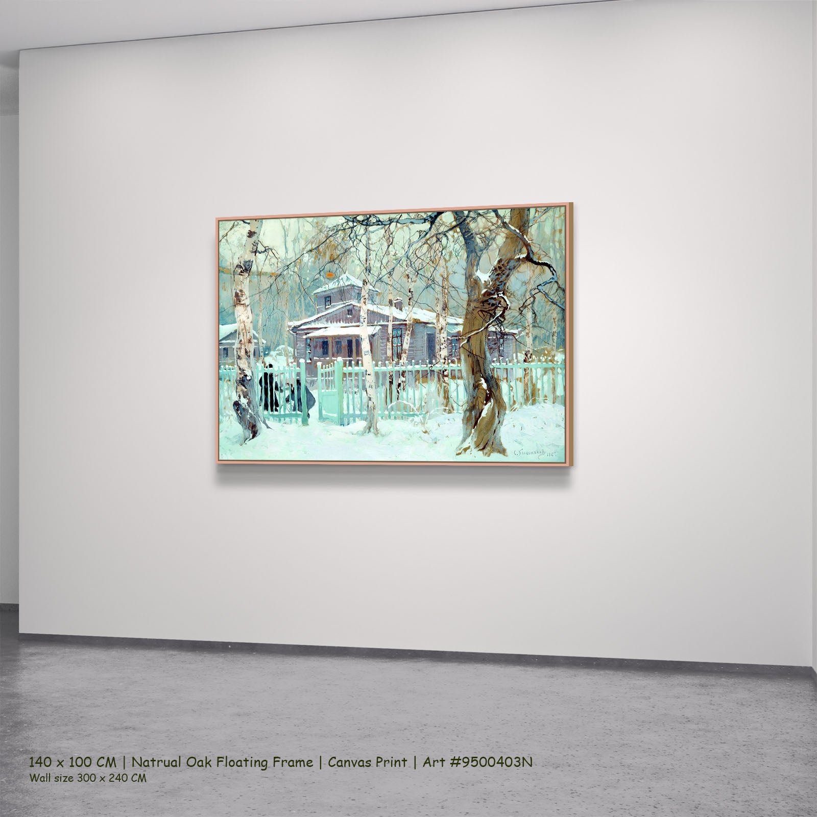 Winter House Behind a Green Fence by Stepan Kolesnikoff in a natural oak floating frame, large aqua and white Impressionist c
