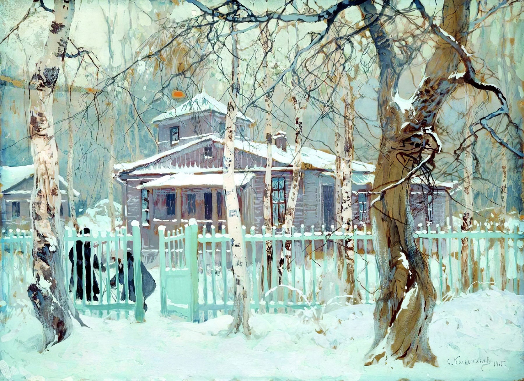 Large aqua and white Impressionist canvas print of Winter House Behind a Green Fence by Stepan Kolesnikoff