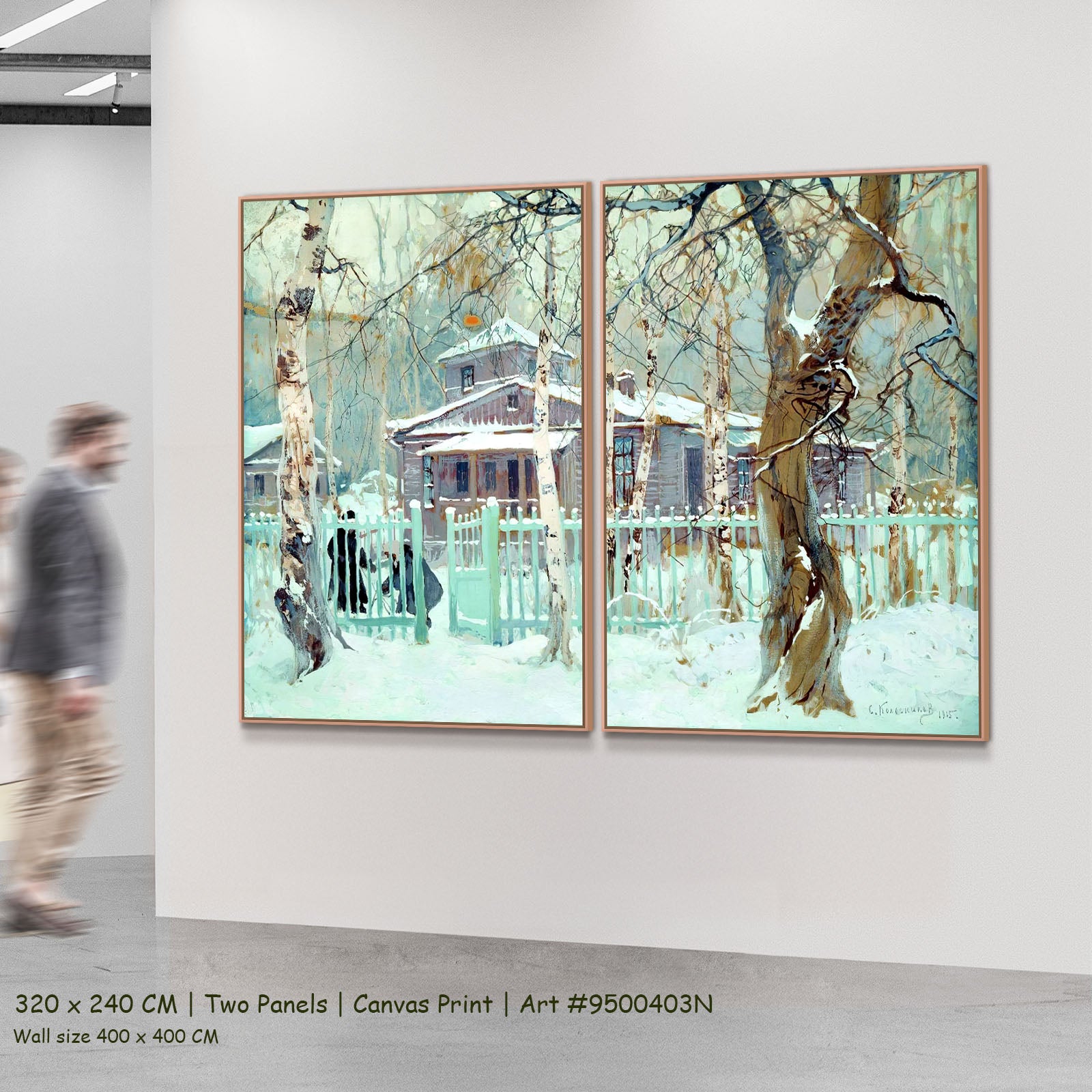 Winter House Behind a Green Fence by Stepan Kolesnikoff as a large two-panel aqua and white Impressionist canvas set