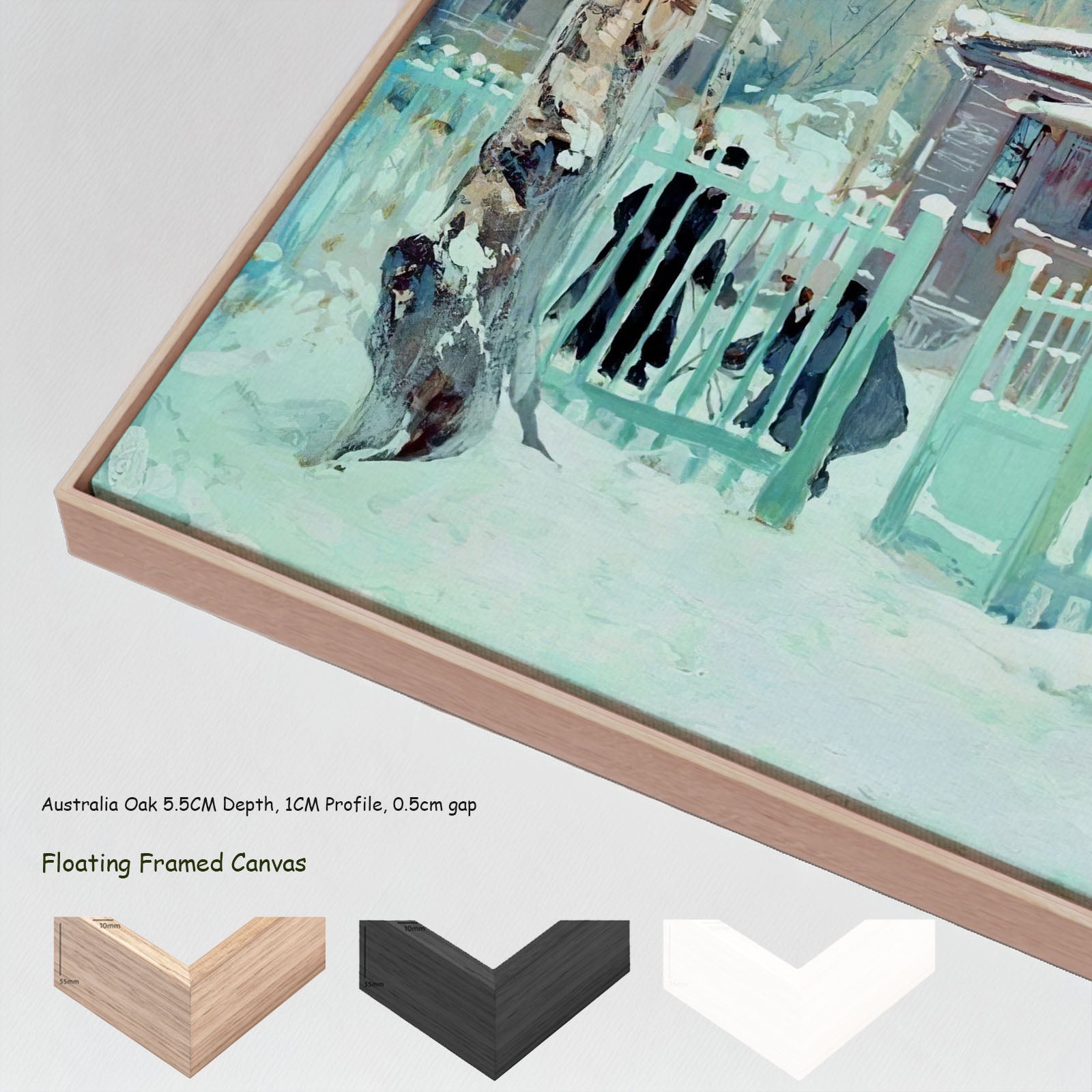 Winter House Behind a Green Fence by Stepan Kolesnikoff in a floating frame, large aqua and white Impressionist canvas print