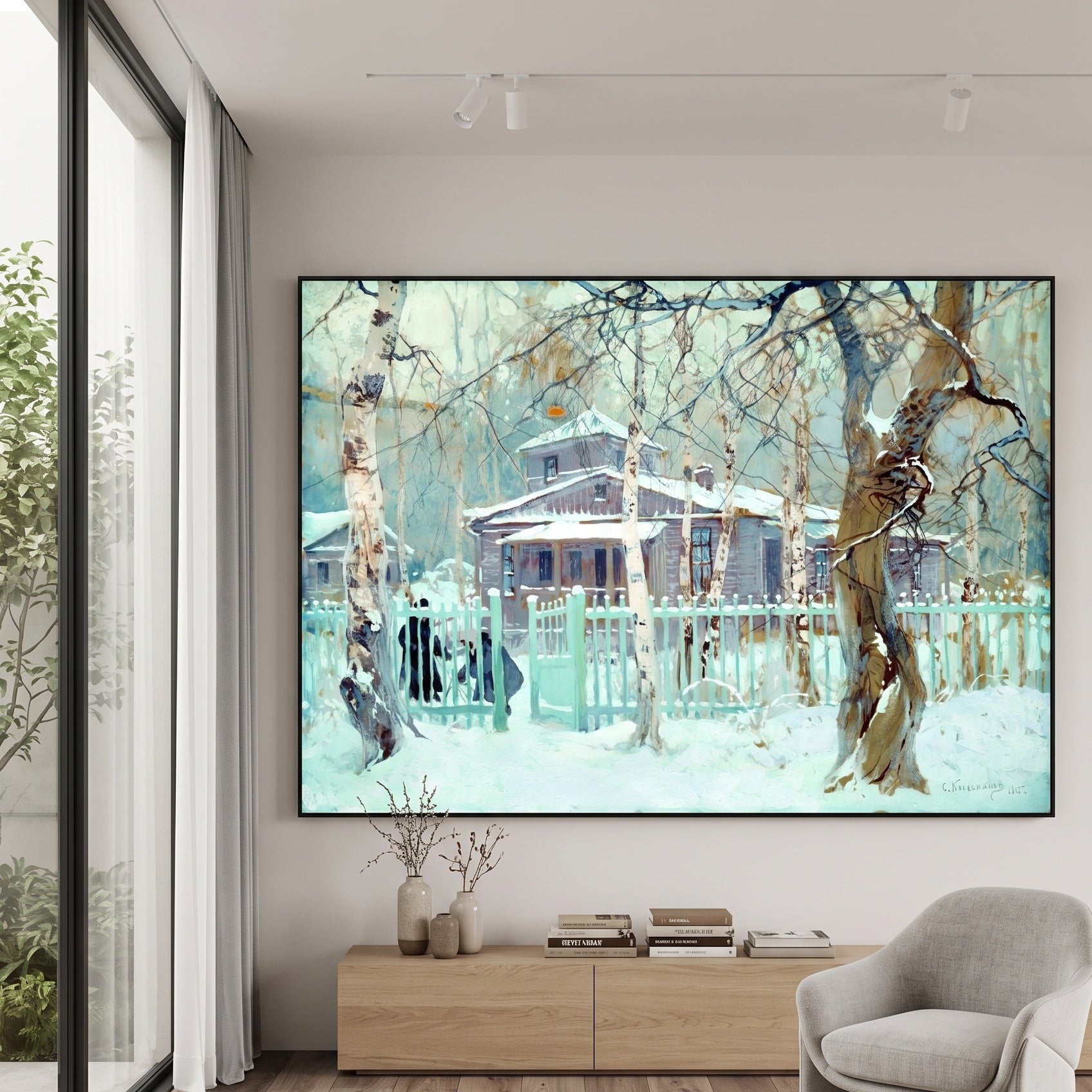 Winter House Behind a Green Fence by Stepan Kolesnikoff — large aqua and white Impressionist canvas art on a hallway wall