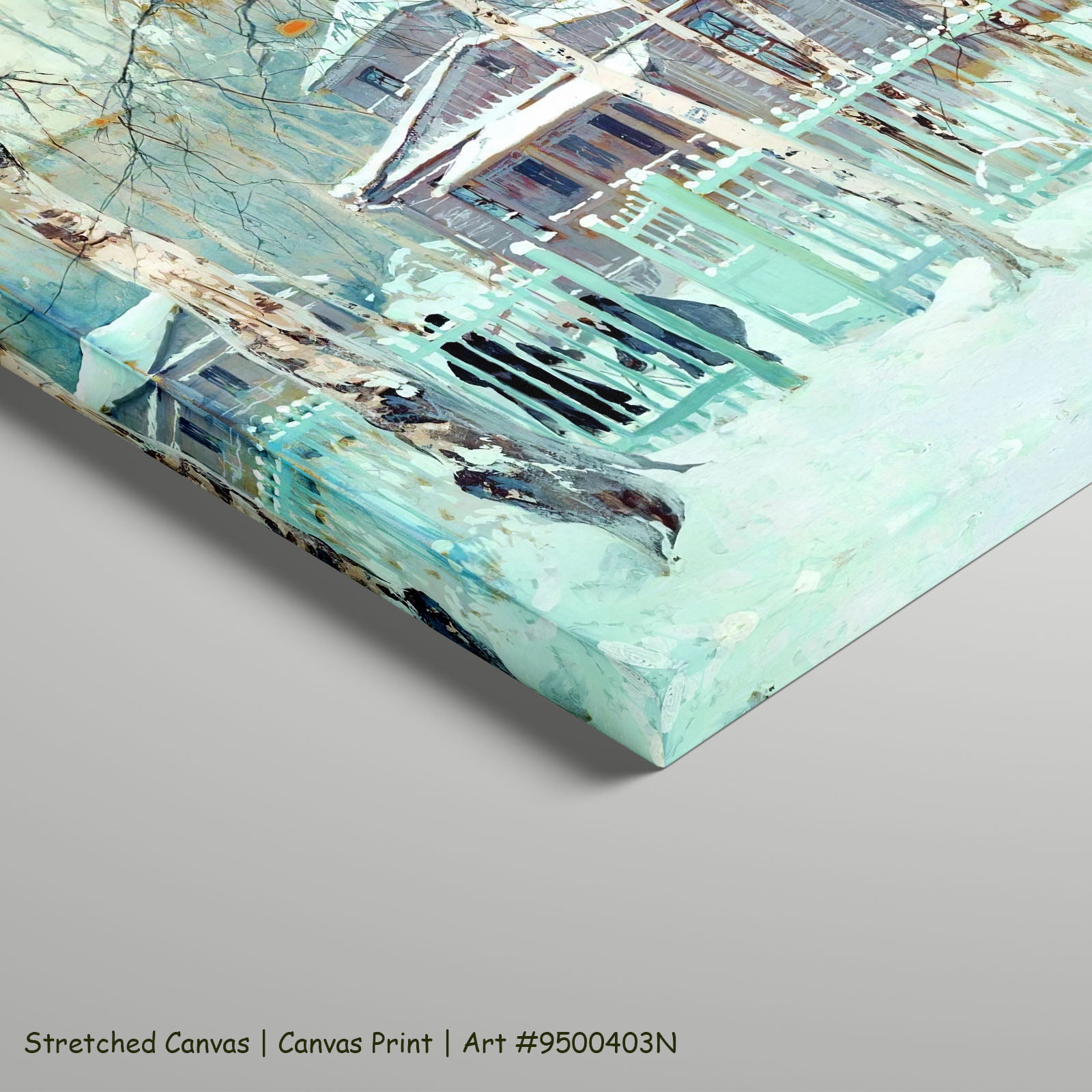 Winter House Behind a Green Fence by Stepan Kolesnikoff as a large stretched aqua and white Impressionist canvas print