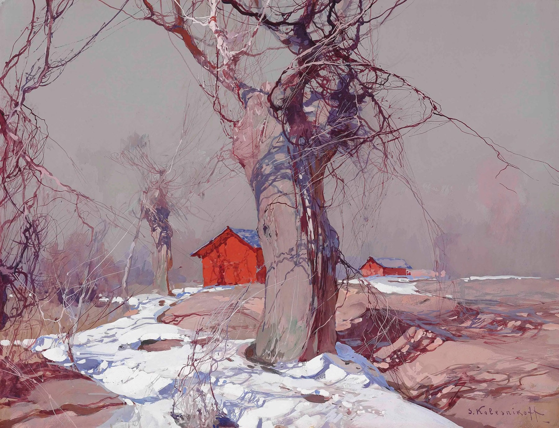 Large red and grey Impressionist canvas print of Early Spring by Stepan Kolesnikoff