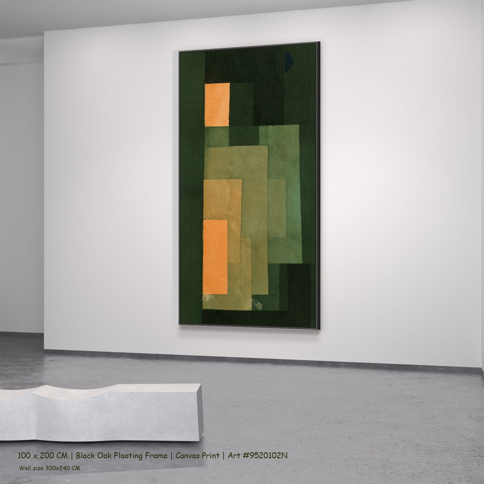 Green and Orange Composition by Paul Klee in a black oak floating frame, large green and orange Modern Abstract canvas