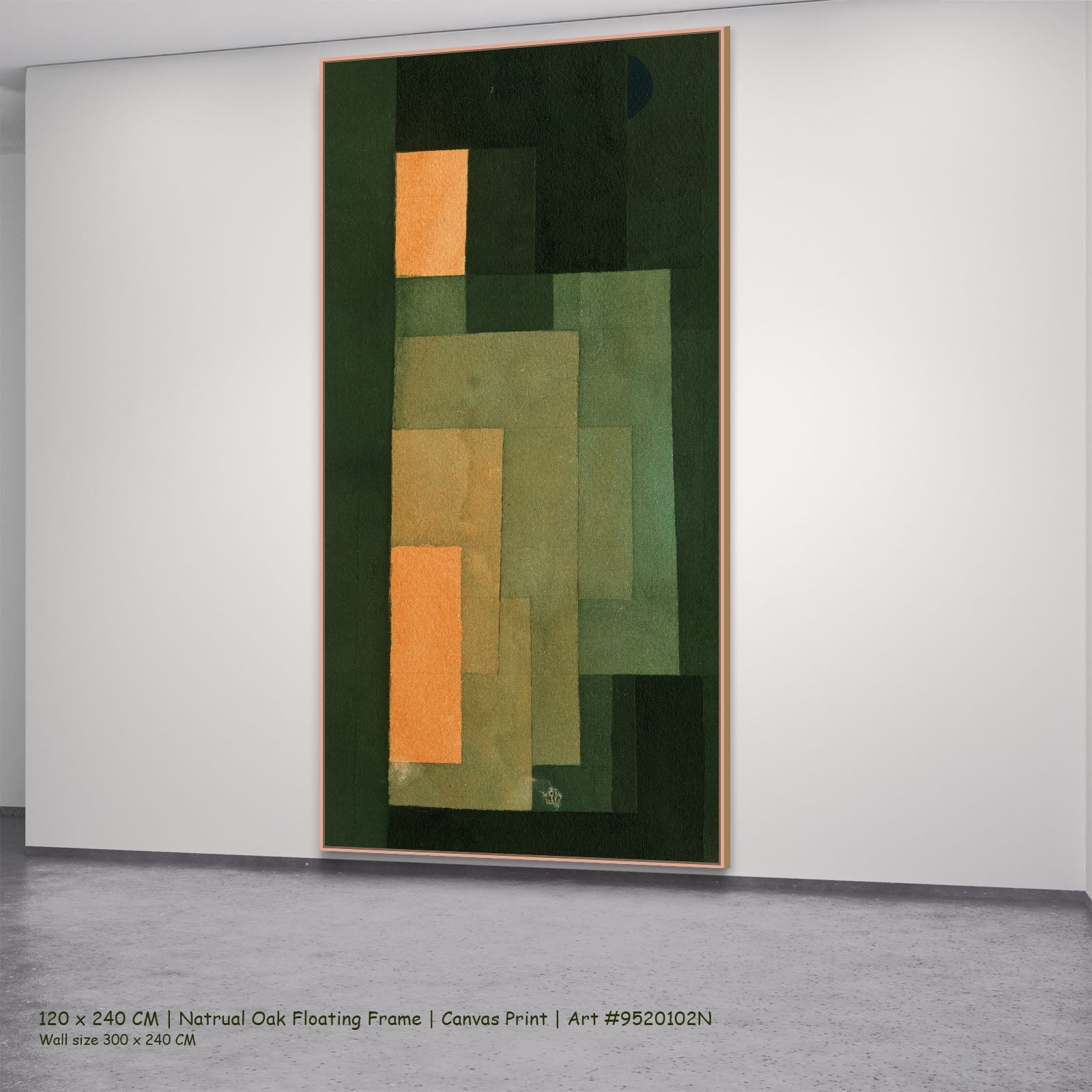 Green and Orange Composition by Paul Klee in a natural oak floating frame, large green and orange Modern Abstract canvas