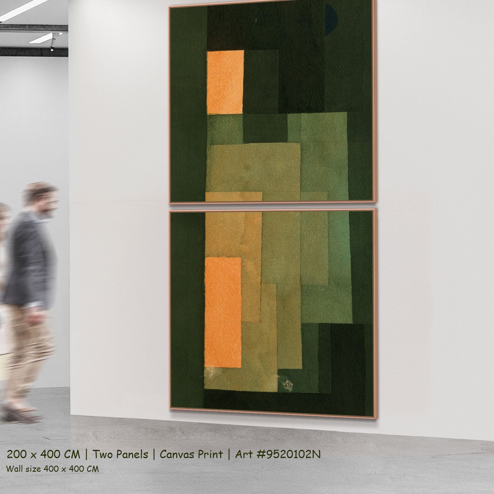 Green and Orange Composition by Paul Klee as a large two-panel green and orange Modern Abstract canvas set