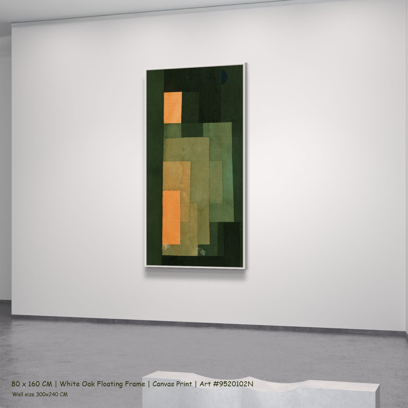 Green and Orange Composition by Paul Klee in a white oak floating frame, large green and orange Modern Abstract canvas