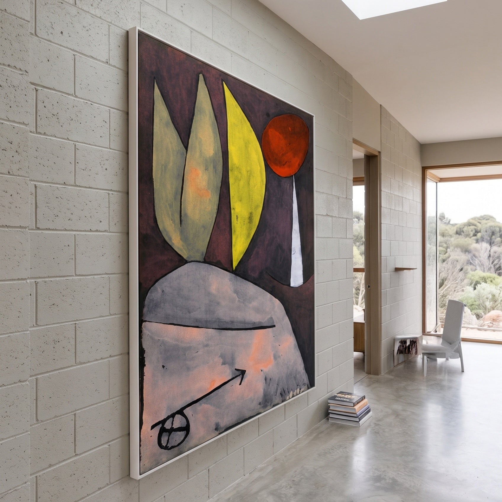 Leaves and Red Fruit by Paul Klee — large purple and yellow Abstract canvas art on a living room wall
