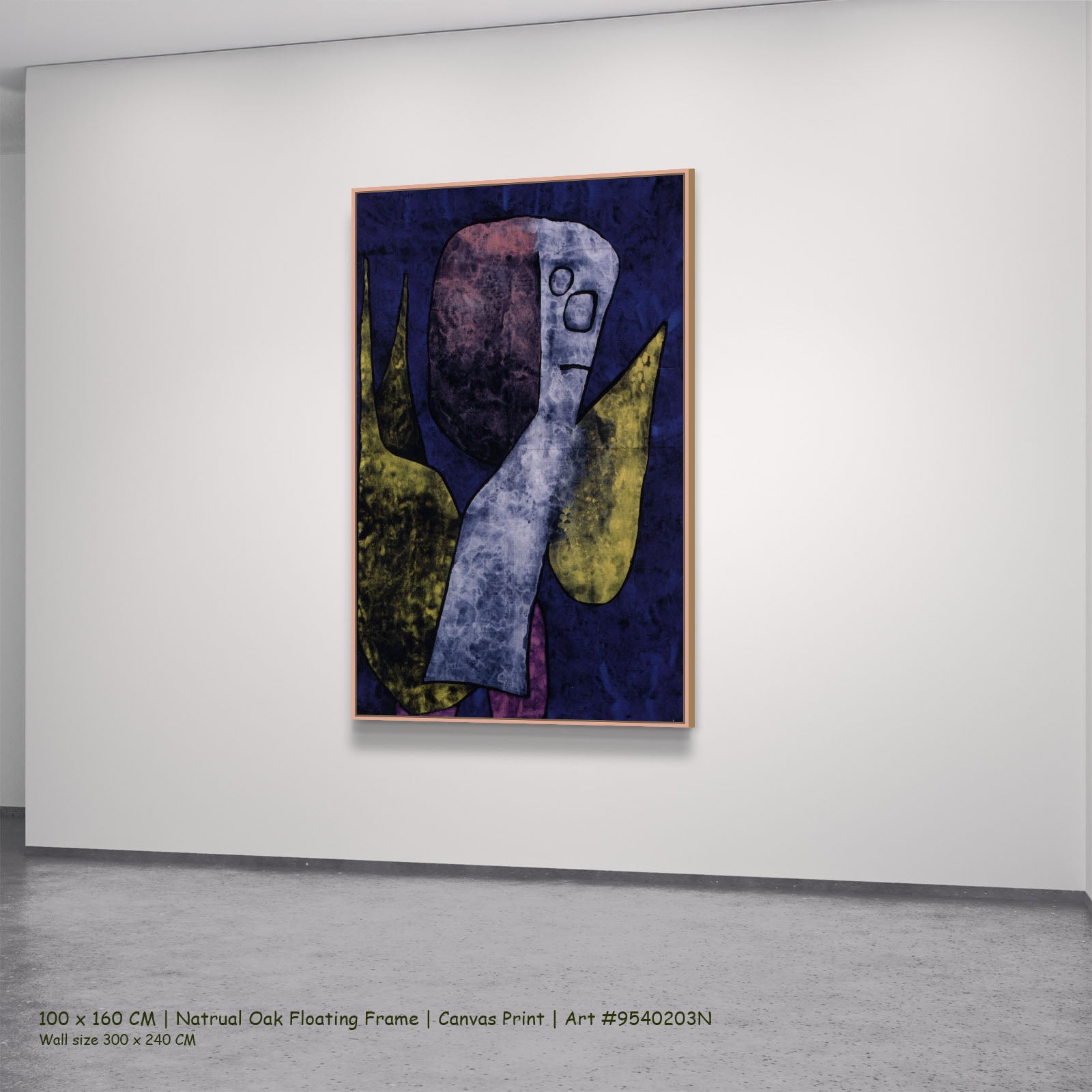 Angelus Militans by Paul Klee in a natural oak floating frame, large blue and yellow Geometric Abstract canvas