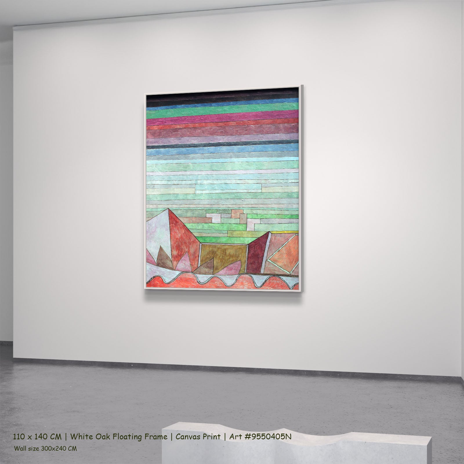 Striped Landscape with Mountains by Paul Klee in a white oak floating frame, large pink and aqua Colourful Abstract canvas