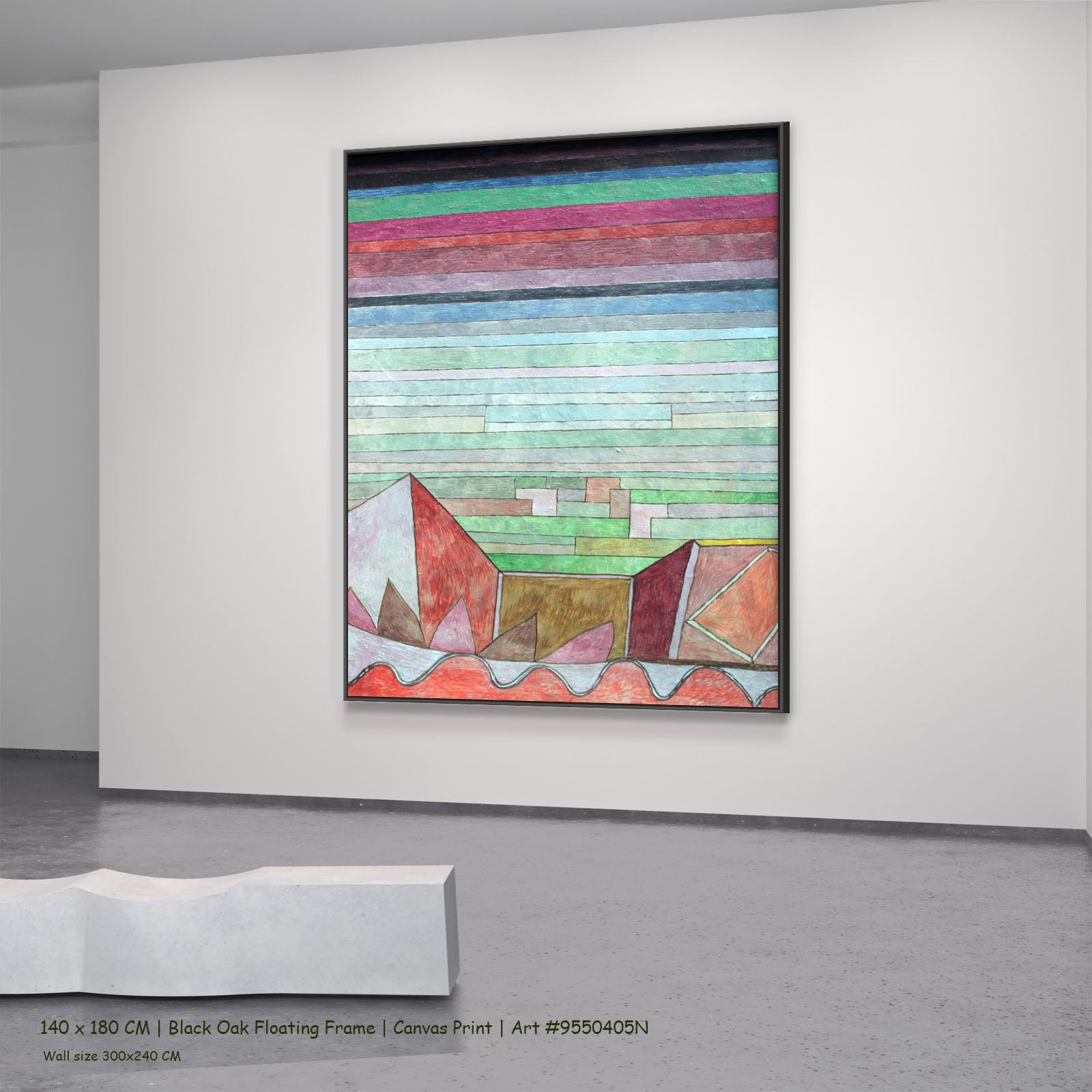 Striped Landscape with Mountains by Paul Klee in a black oak floating frame, large pink and aqua Colourful Abstract canvas