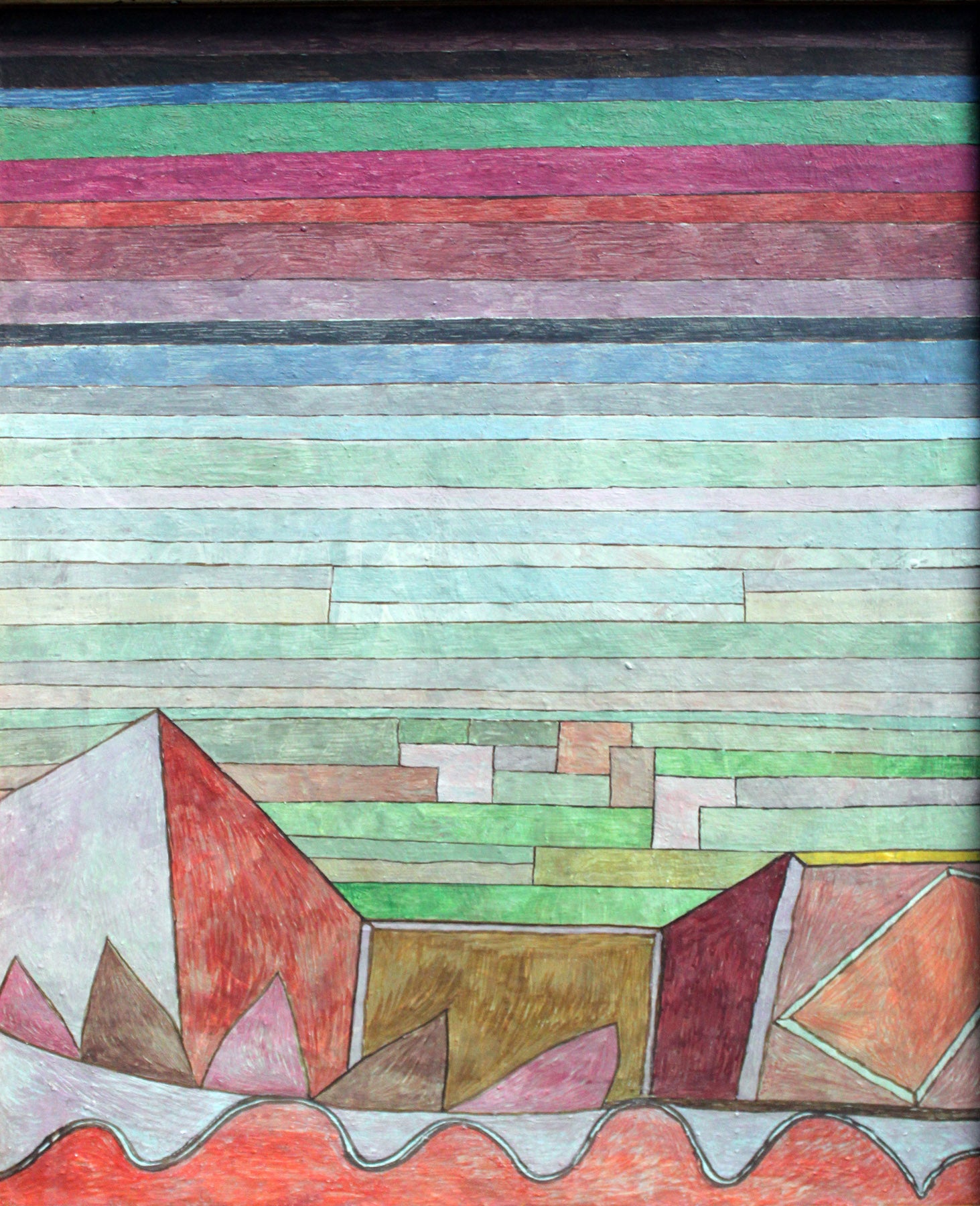 Large pink and aqua Colourful Abstract canvas print of Striped Landscape with Mountains by Paul Klee