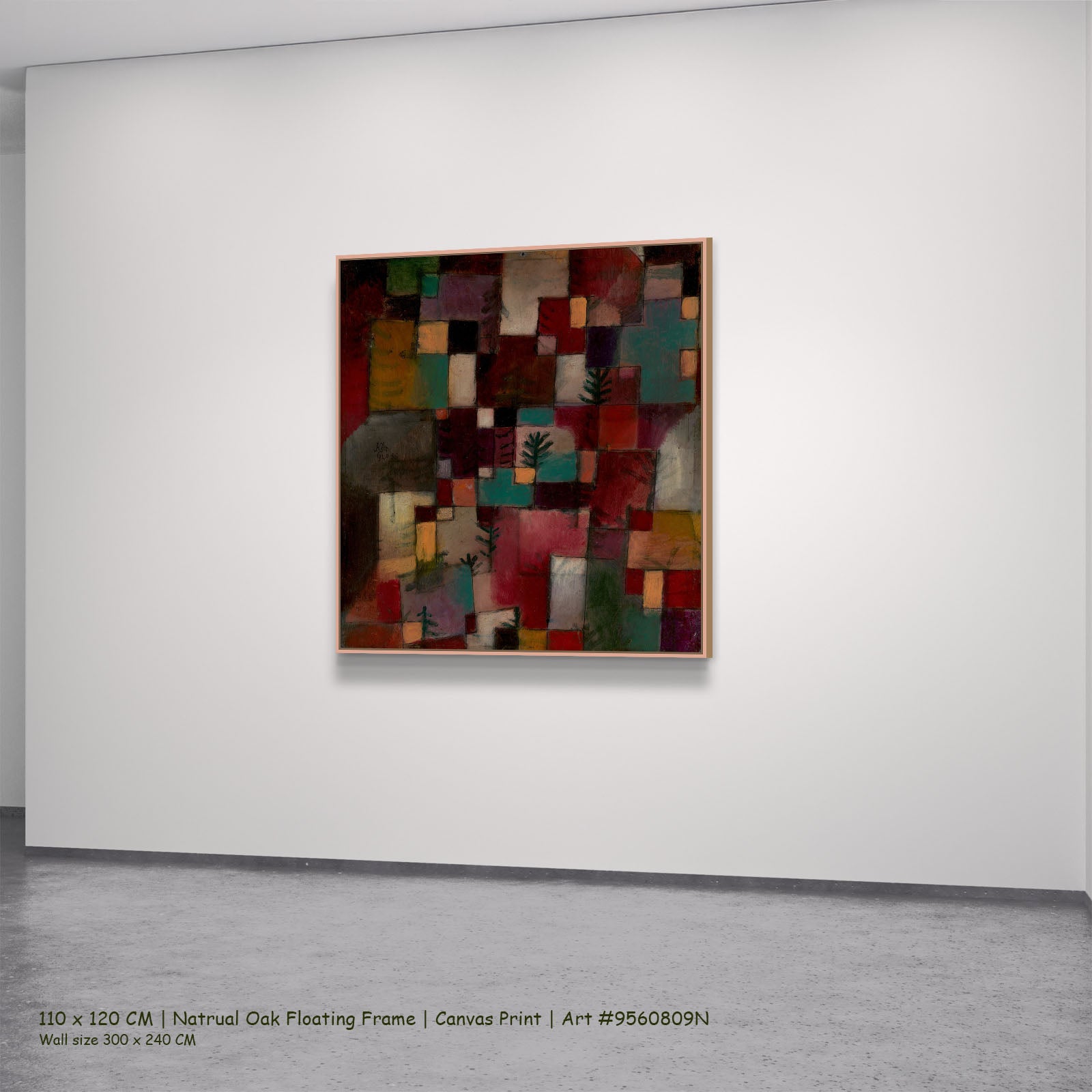 Redgreen and Violet-Yellow Rhythms by Paul Klee in a natural oak floating frame, large red and green Modern Abstract canvas