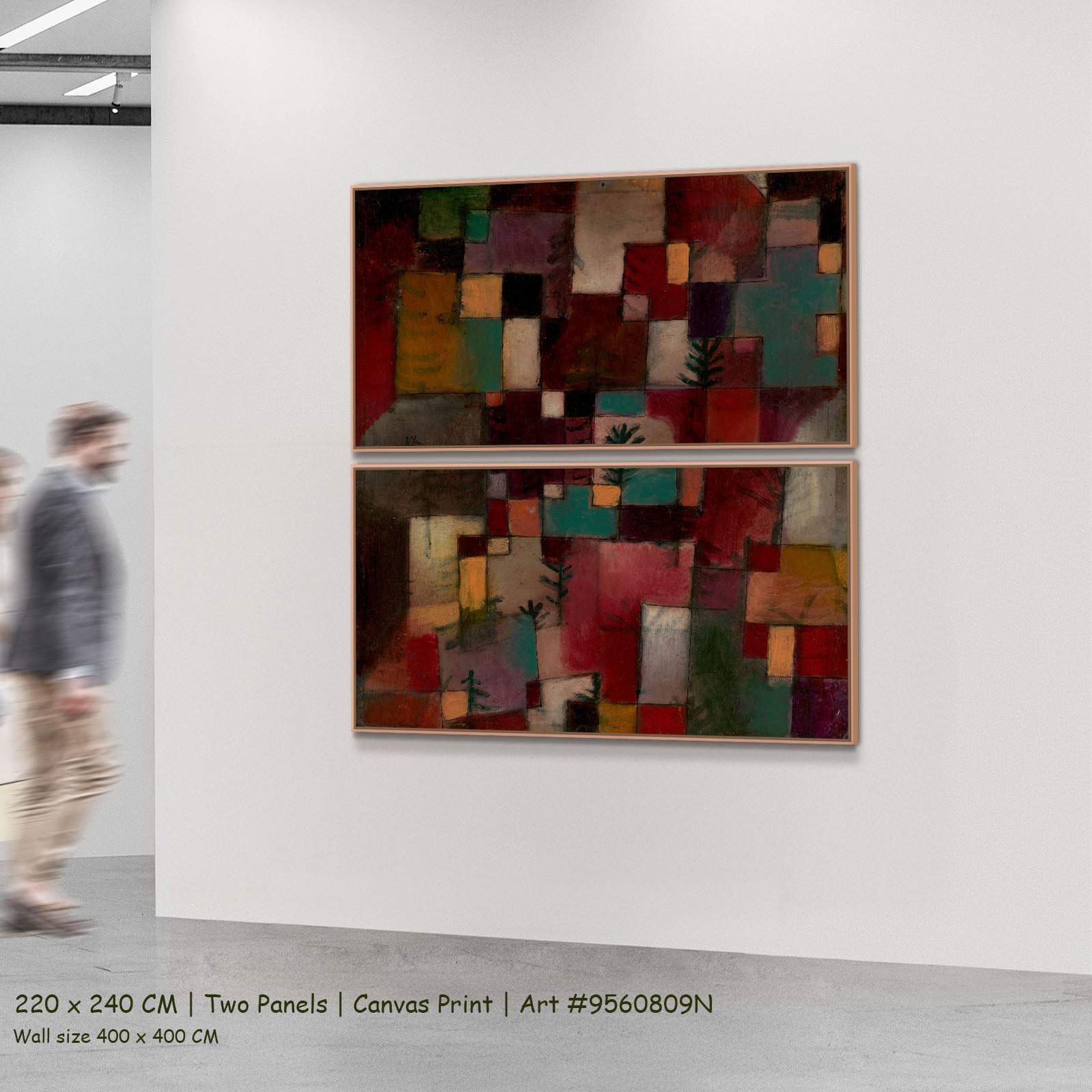 Redgreen and Violet-Yellow Rhythms by Paul Klee as a large two-panel red and green Modern Abstract canvas set