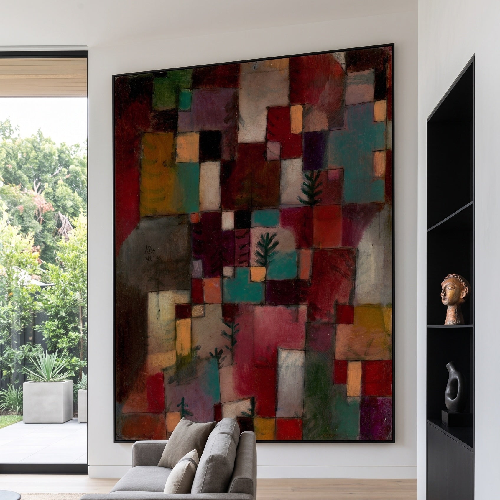 Redgreen and Violet-Yellow Rhythms by Paul Klee — large red and green Modern Abstract canvas art on a hallway wall