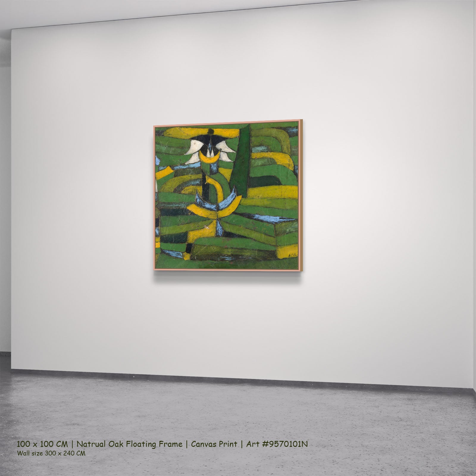 Green Plant Rhythms by Paul Klee in a natural oak floating frame, large green and yellow Abstract canvas