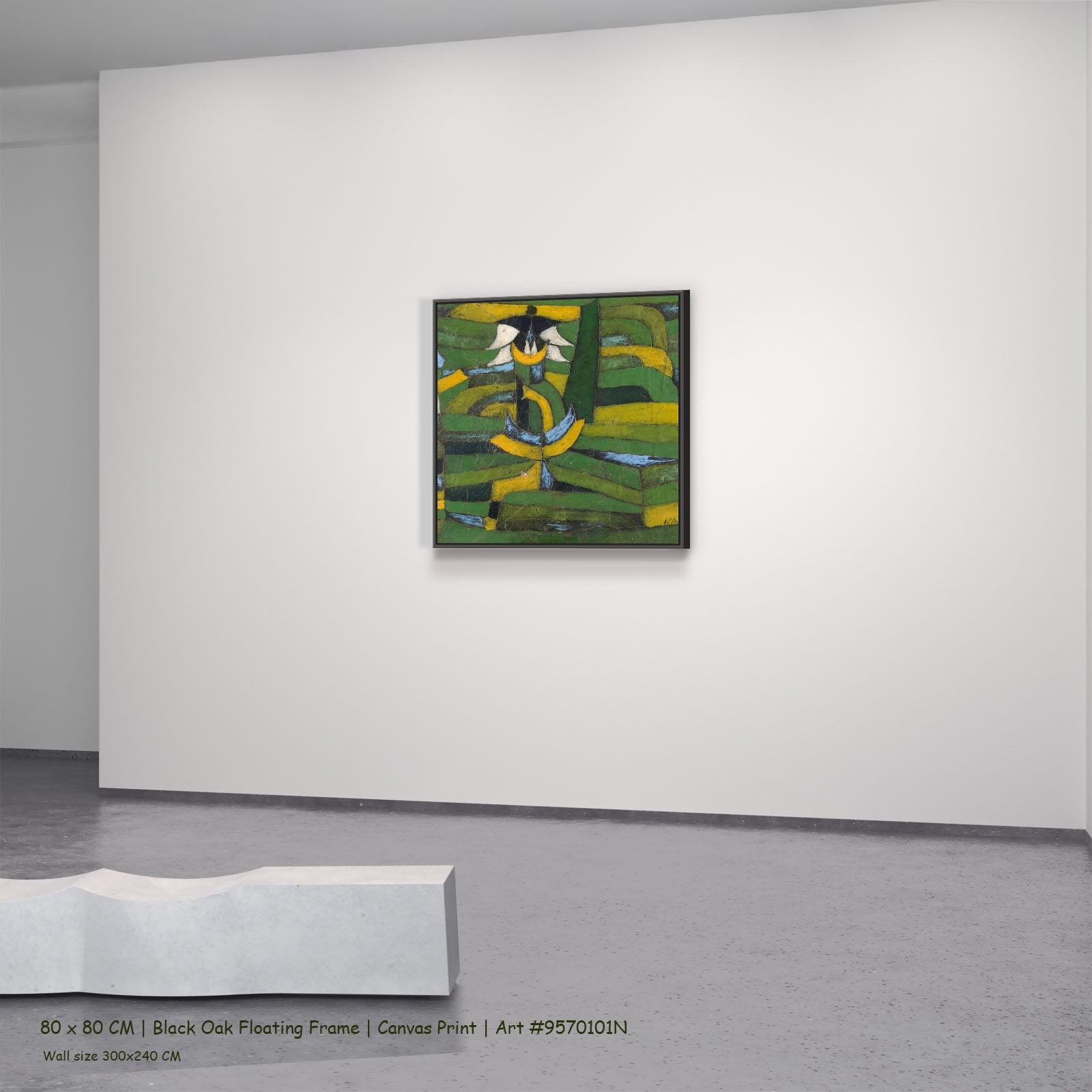 Green Plant Rhythms by Paul Klee in a black oak floating frame, large green and yellow Abstract canvas