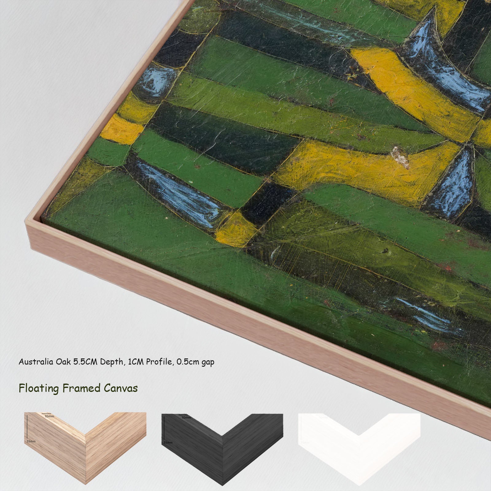 Green Plant Rhythms by Paul Klee in a floating frame, large green and yellow Abstract canvas print