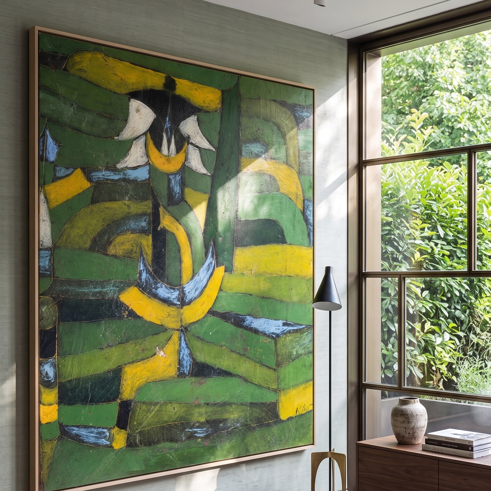 Green Plant Rhythms by Paul Klee — large green and yellow Abstract canvas art on a entryway wall