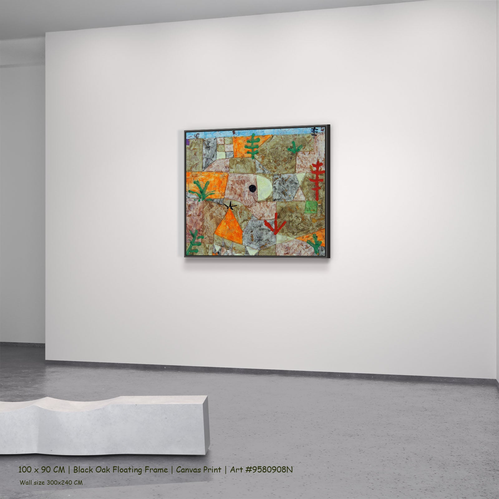 Garden with Hieroglyphs by Paul Klee in a black oak floating frame, large brown and orange Geometric Abstract canvas