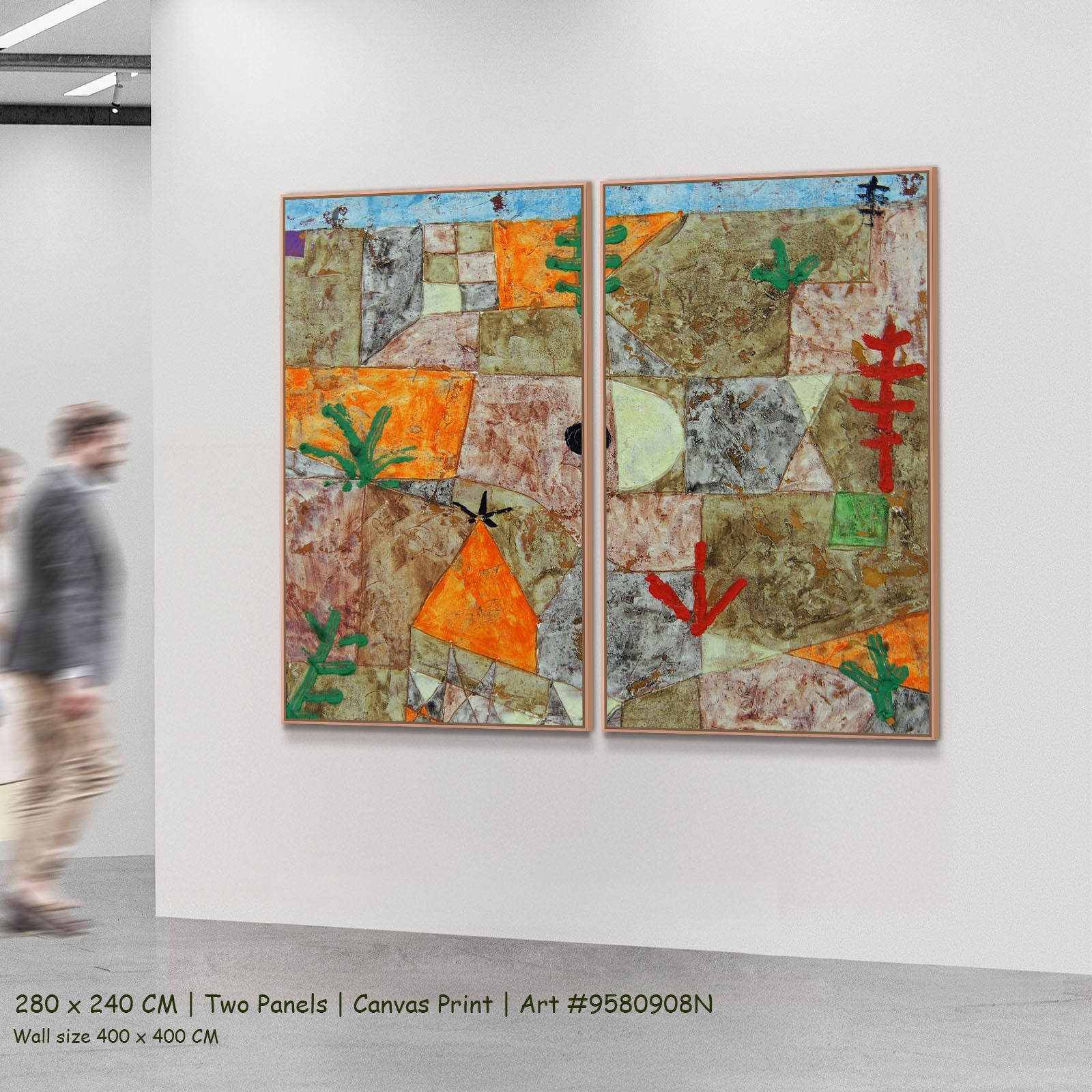 Garden with Hieroglyphs by Paul Klee as a large two-panel brown and orange Geometric Abstract canvas set