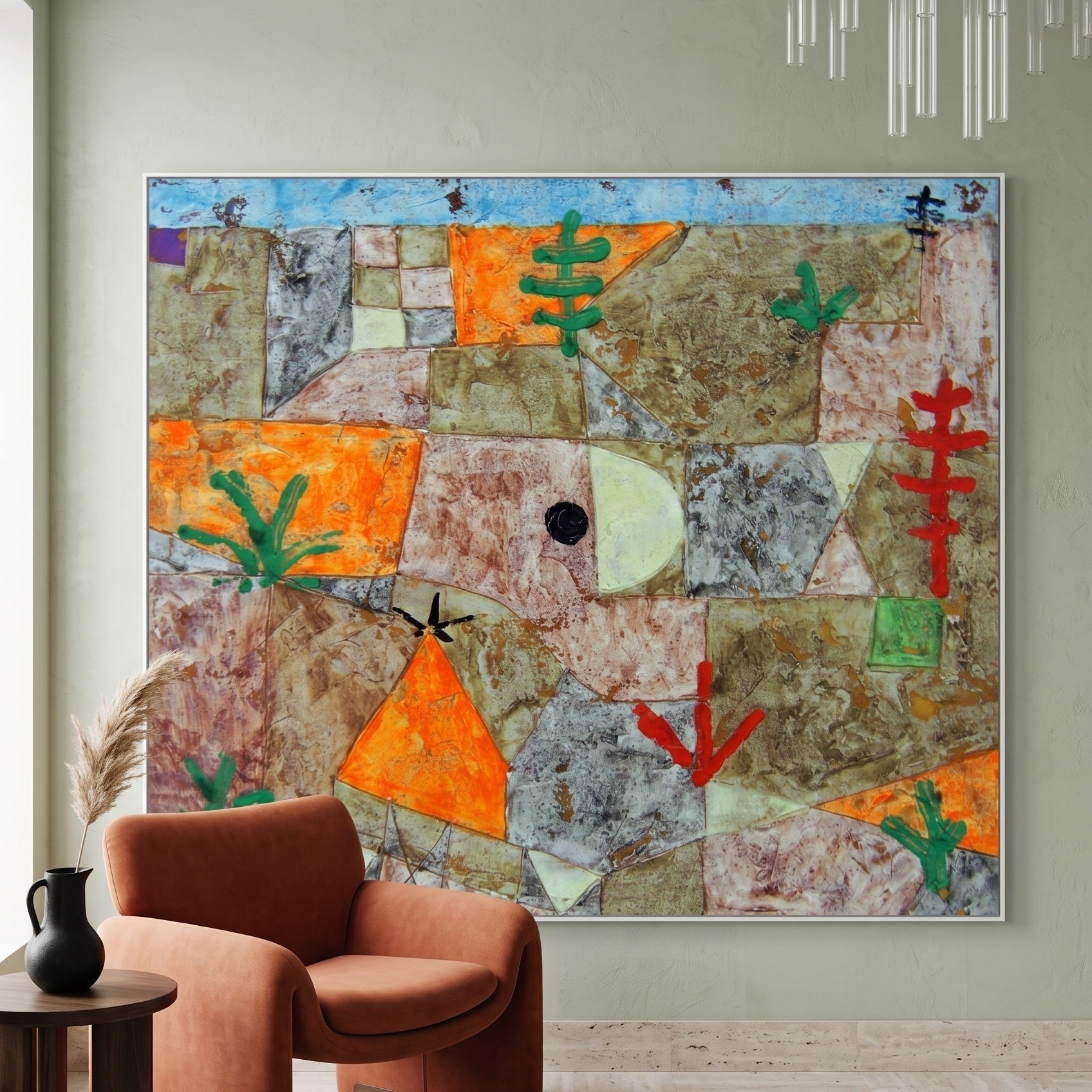 Garden with Hieroglyphs by Paul Klee — large brown and orange Geometric Abstract canvas art displayed on a wall