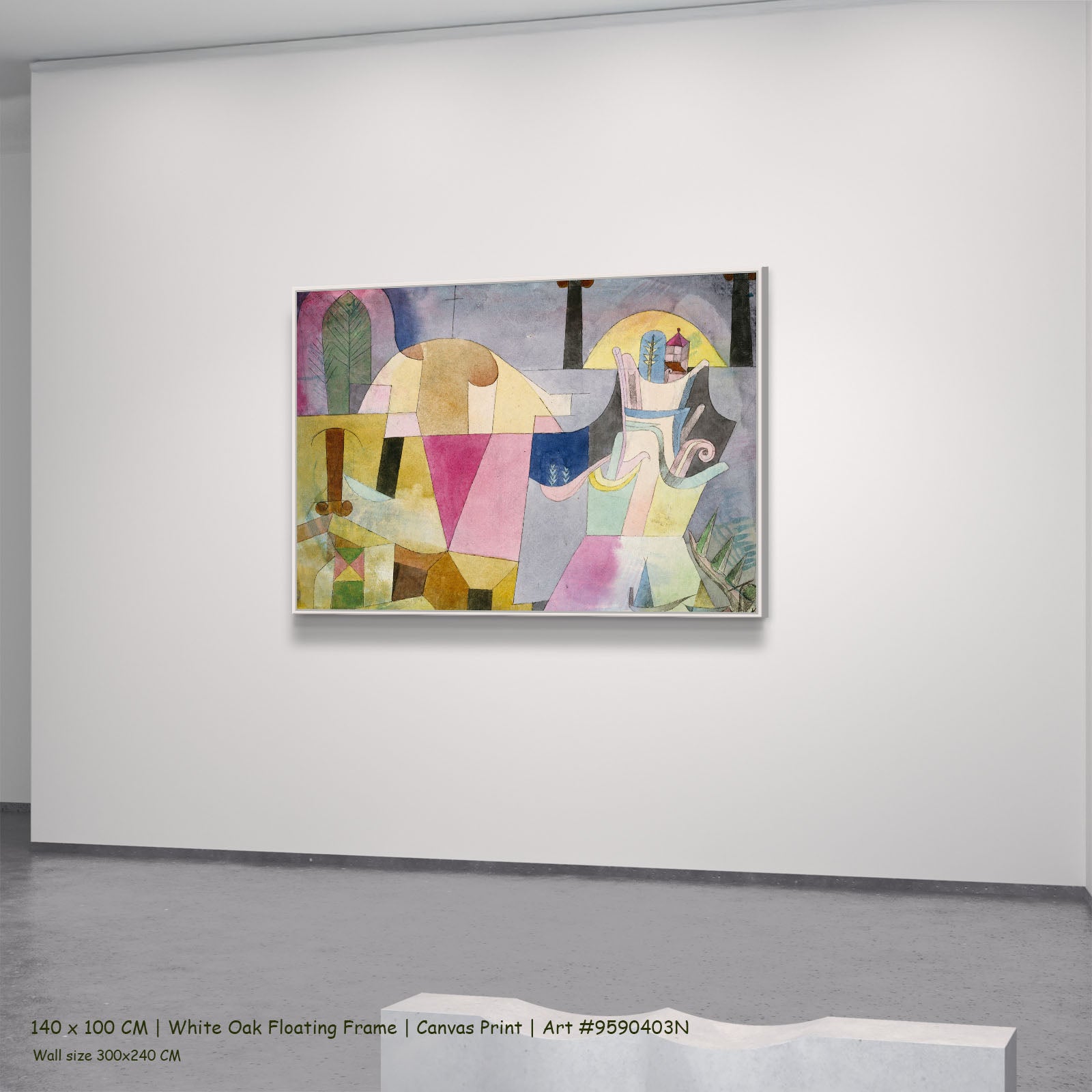 Black Columns in a Landscape by Paul Klee in a white oak floating frame, large yellow and pink Colourful Abstract canvas