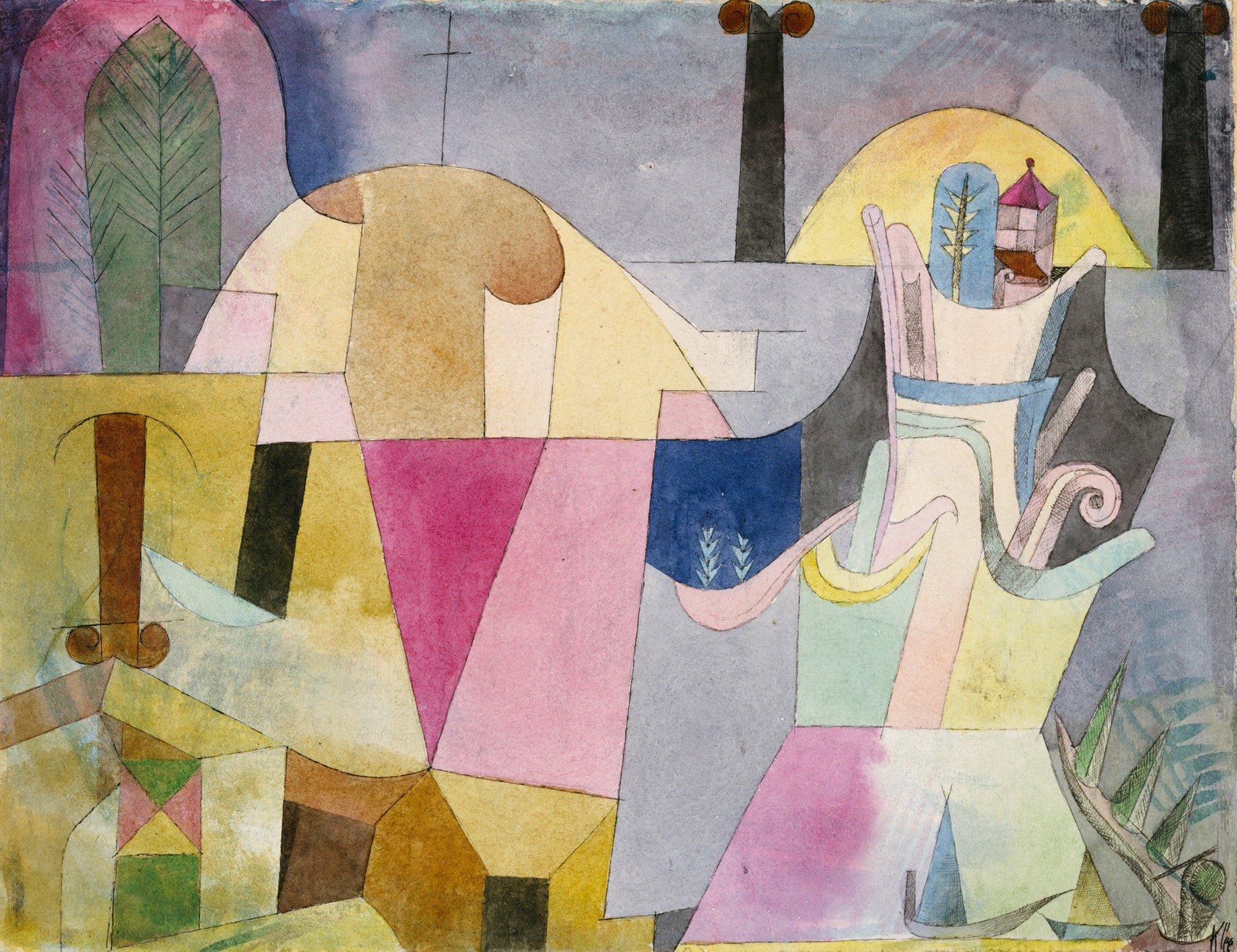 Large yellow and pink Colourful Abstract canvas print of Black Columns in a Landscape by Paul Klee