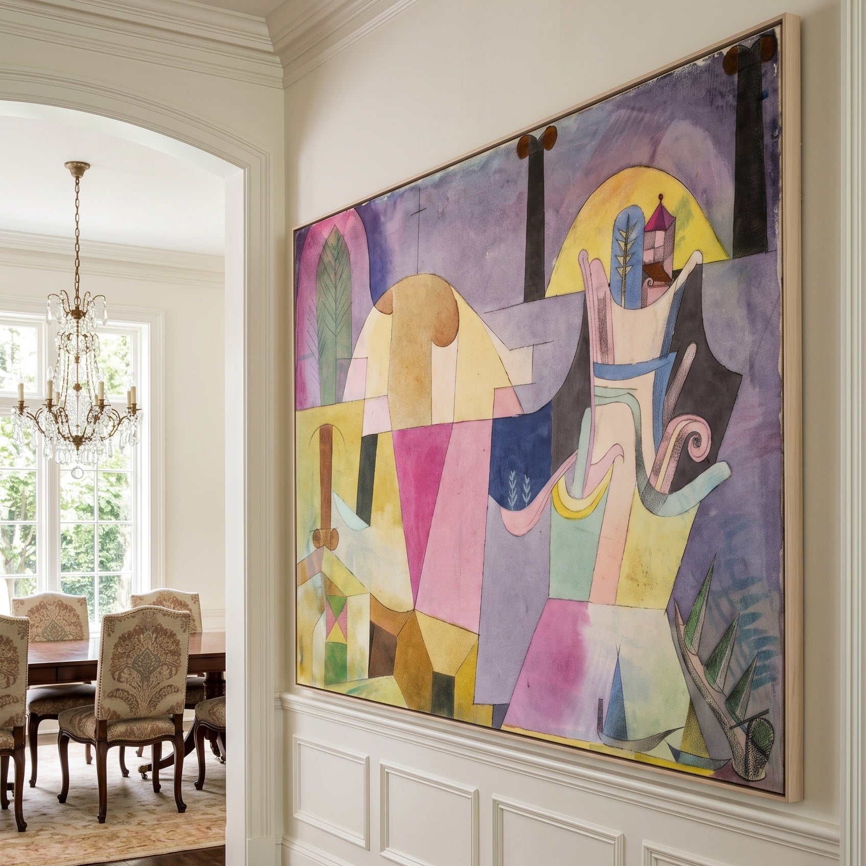 Black Columns in a Landscape by Paul Klee — large yellow and pink Colourful Abstract canvas art on a hallway wall