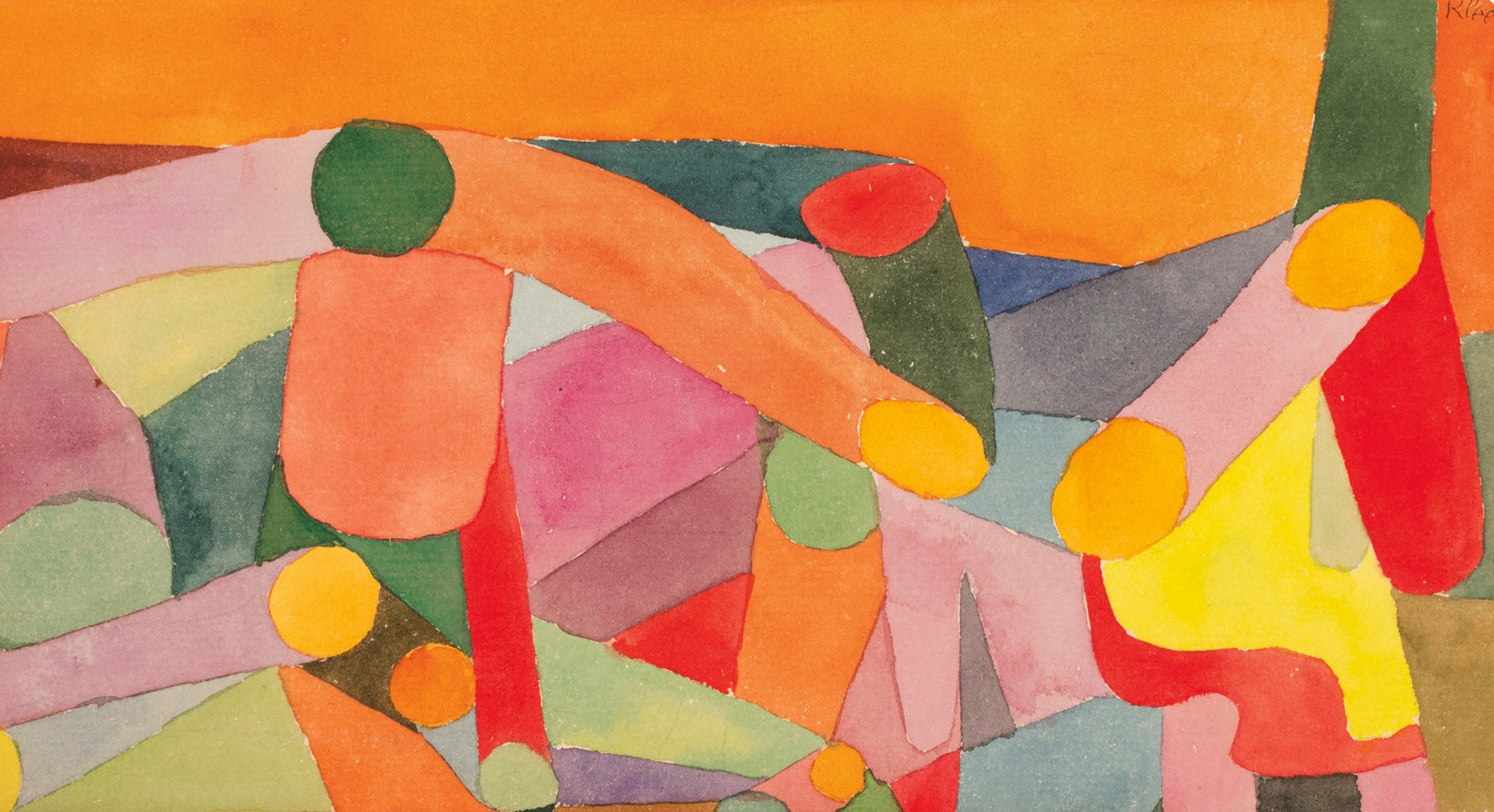 Large orange and pink Modern Abstract canvas print of Interlaced Figures on Orange by Paul Klee
