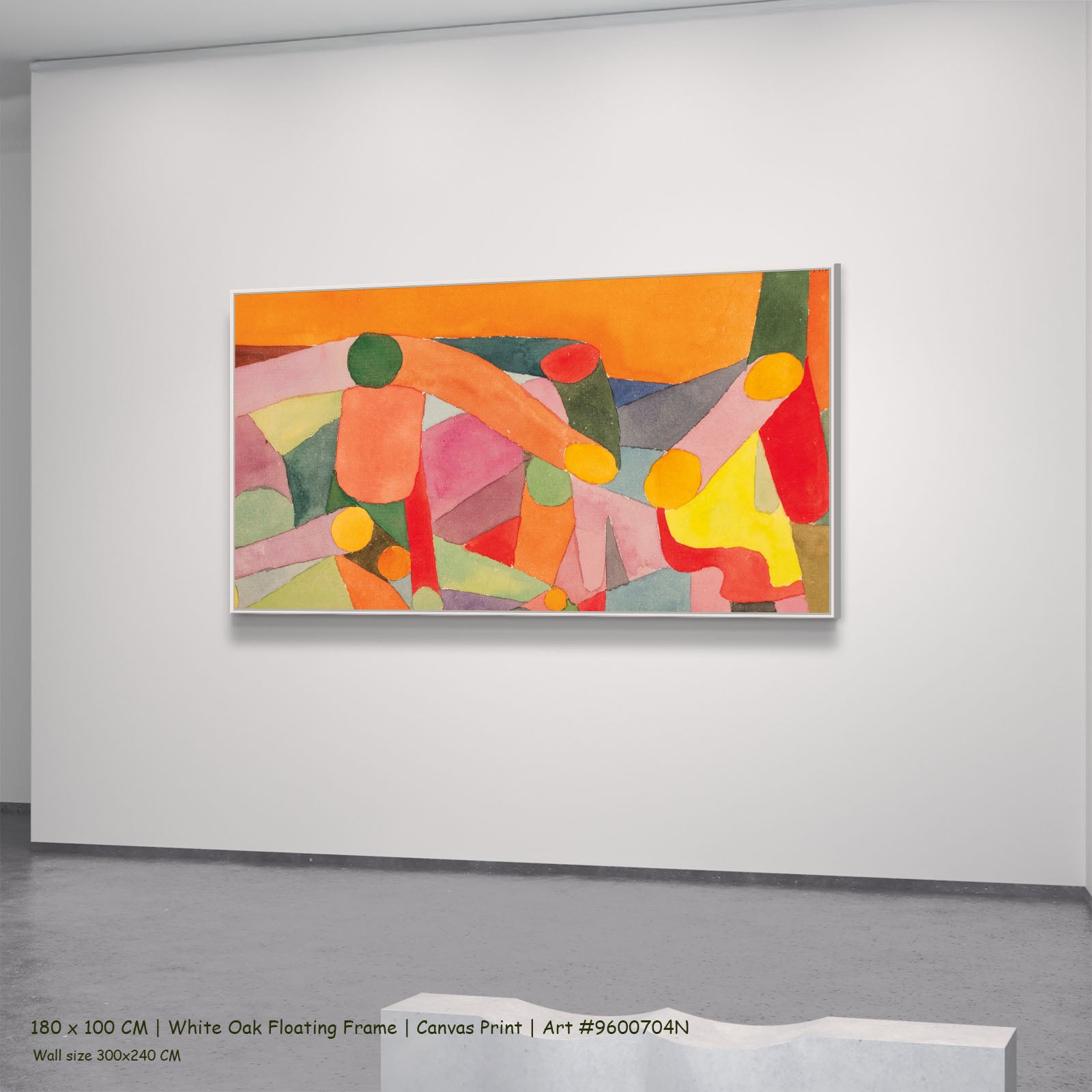 Interlaced Figures on Orange by Paul Klee in a white oak floating frame, large orange and pink Modern Abstract canvas
