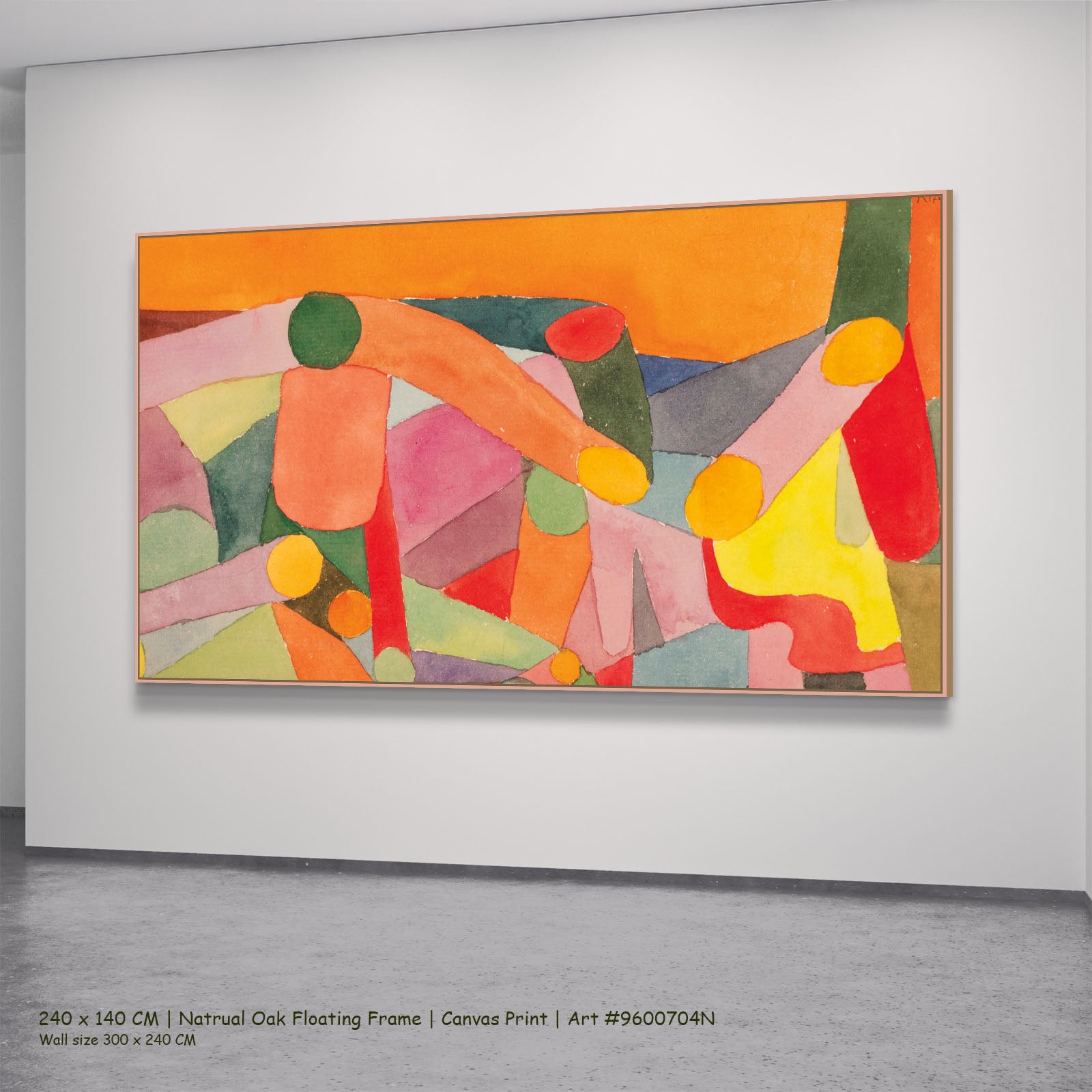Interlaced Figures on Orange by Paul Klee in a natural oak floating frame, large orange and pink Modern Abstract canvas