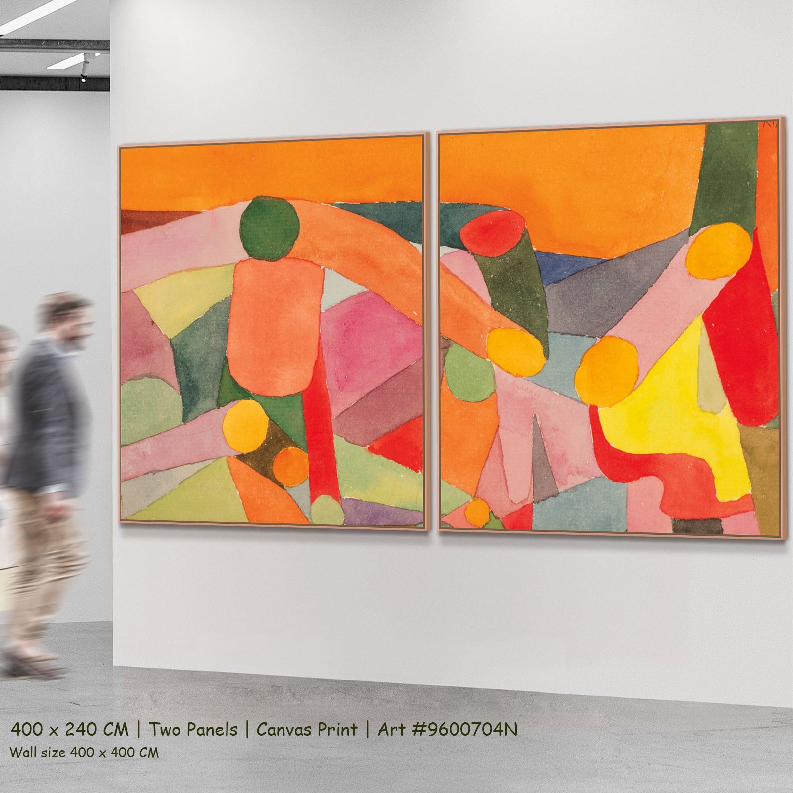 Interlaced Figures on Orange by Paul Klee as a large two-panel orange and pink Modern Abstract canvas set