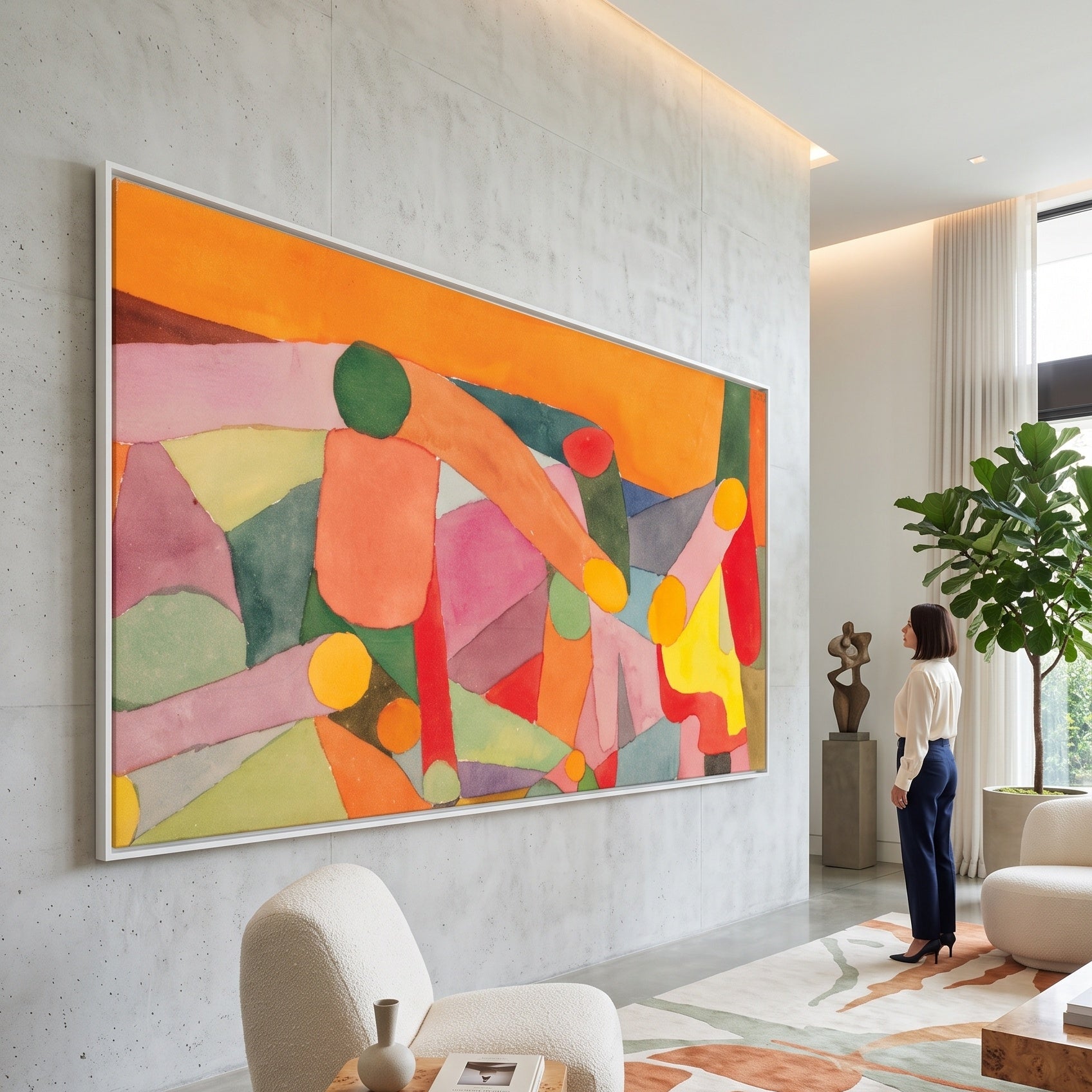 Interlaced Figures on Orange by Paul Klee — large orange and pink Modern Abstract canvas art on a living room wall