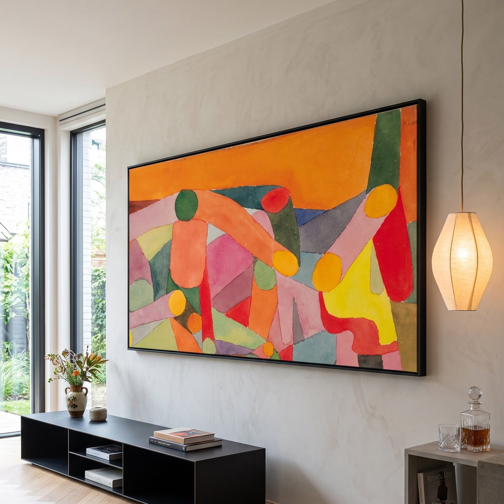 Interlaced Figures on Orange by Paul Klee — large orange and pink Modern Abstract canvas art on a living room wall