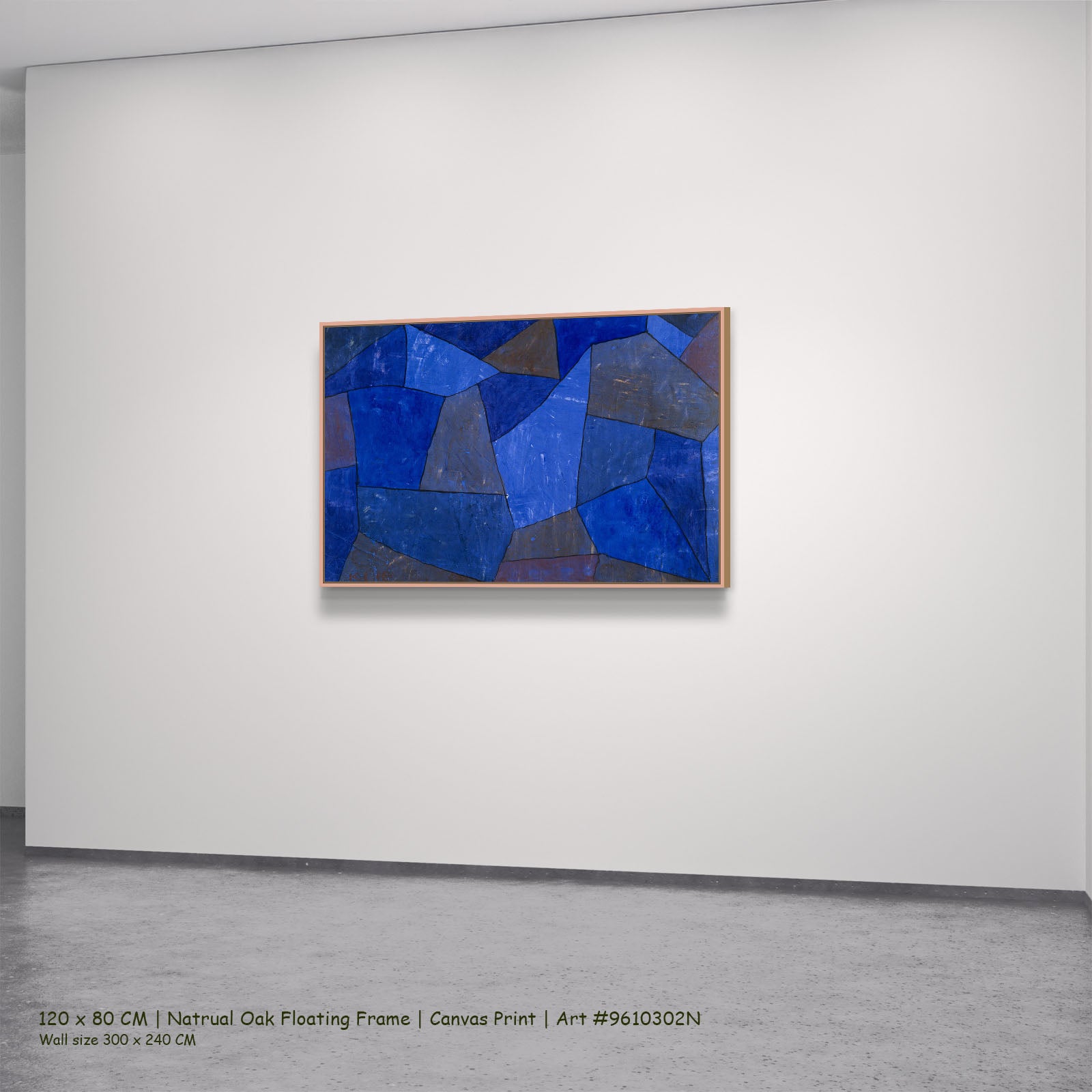 Rocks at Night by Paul Klee in a natural oak floating frame, large blue and brown Abstract canvas