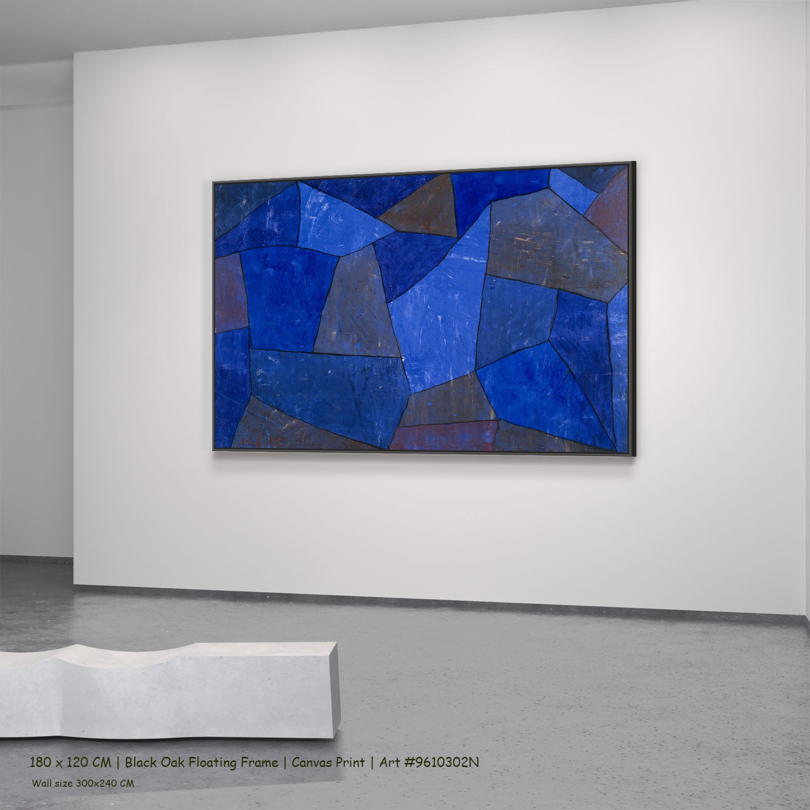 Rocks at Night by Paul Klee in a black oak floating frame, large blue and brown Abstract canvas