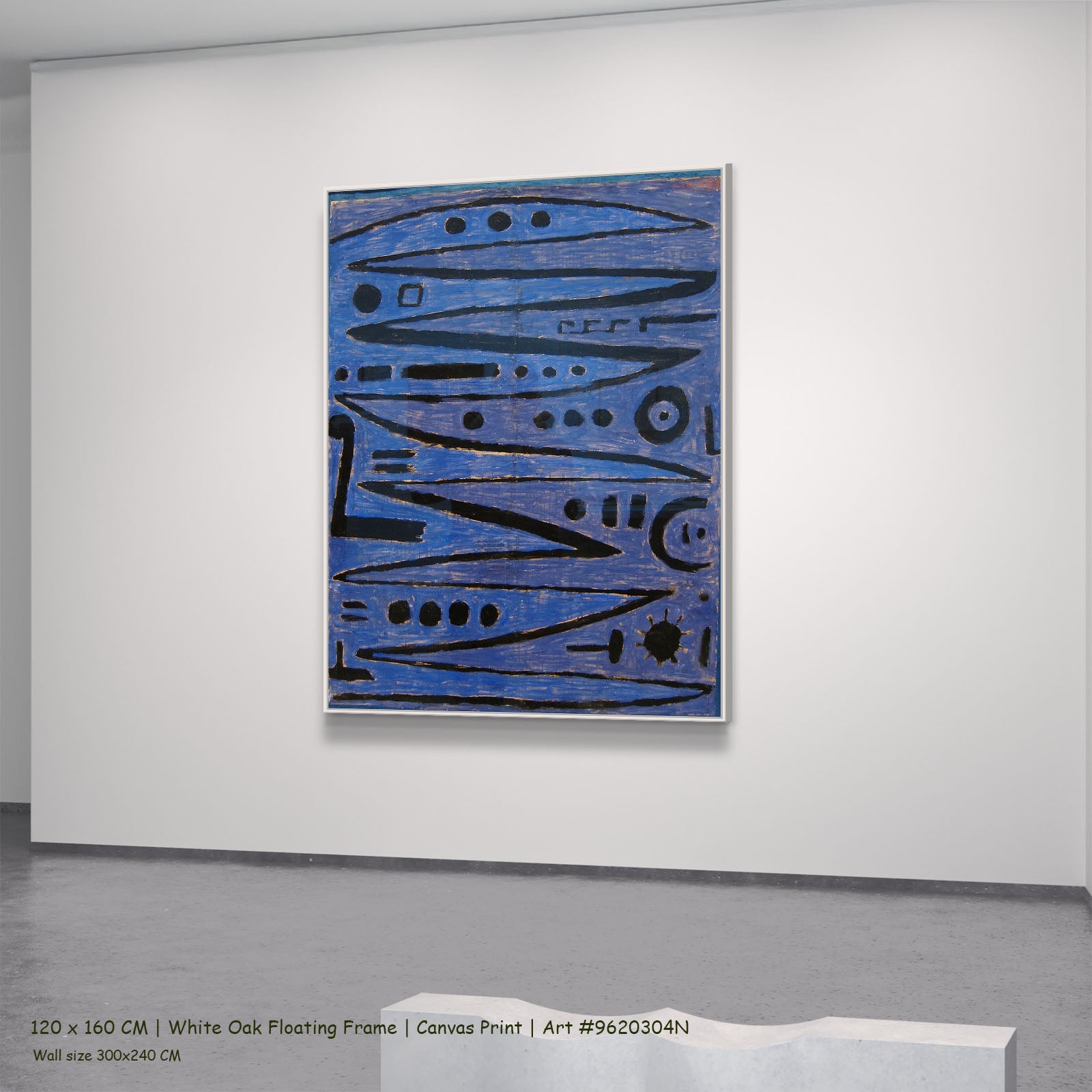 Heroic Strokes of the Bow by Paul Klee in a white oak floating frame, large blue and black Geometric Abstract canvas