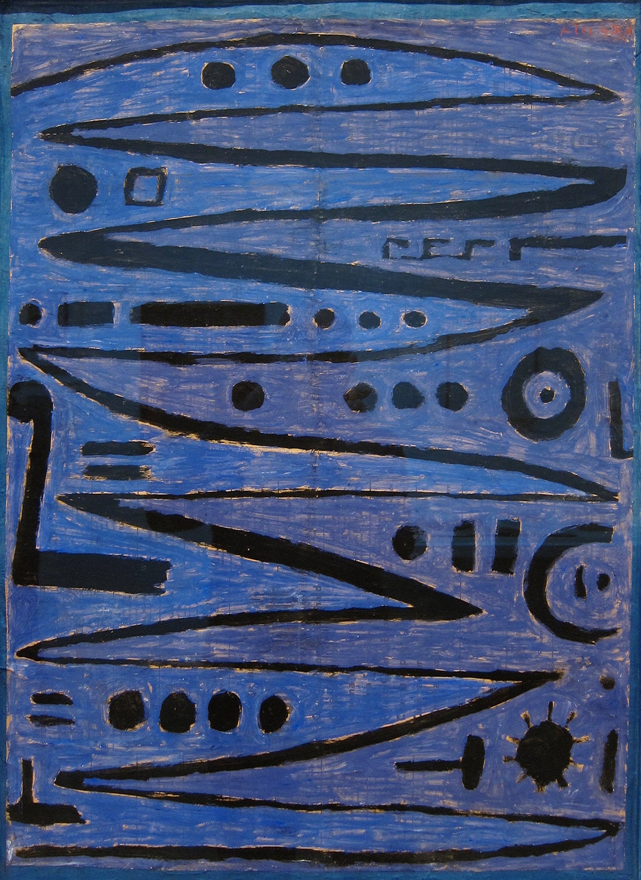 Large blue and black Geometric Abstract canvas print of Heroic Strokes of the Bow by Paul Klee