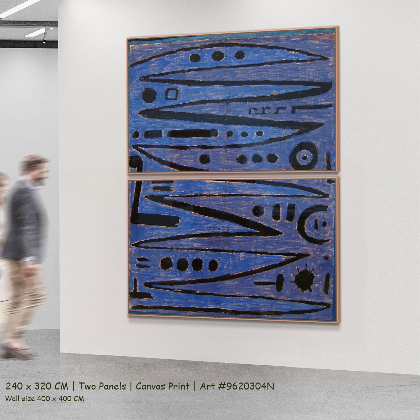 Heroic Strokes of the Bow by Paul Klee as a large two-panel blue and black Geometric Abstract canvas set