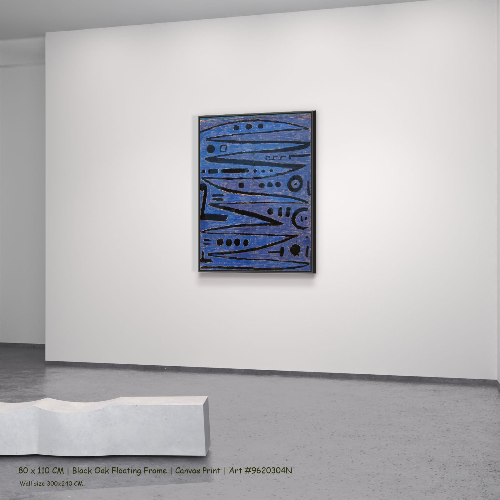 Heroic Strokes of the Bow by Paul Klee in a black oak floating frame, large blue and black Geometric Abstract canvas