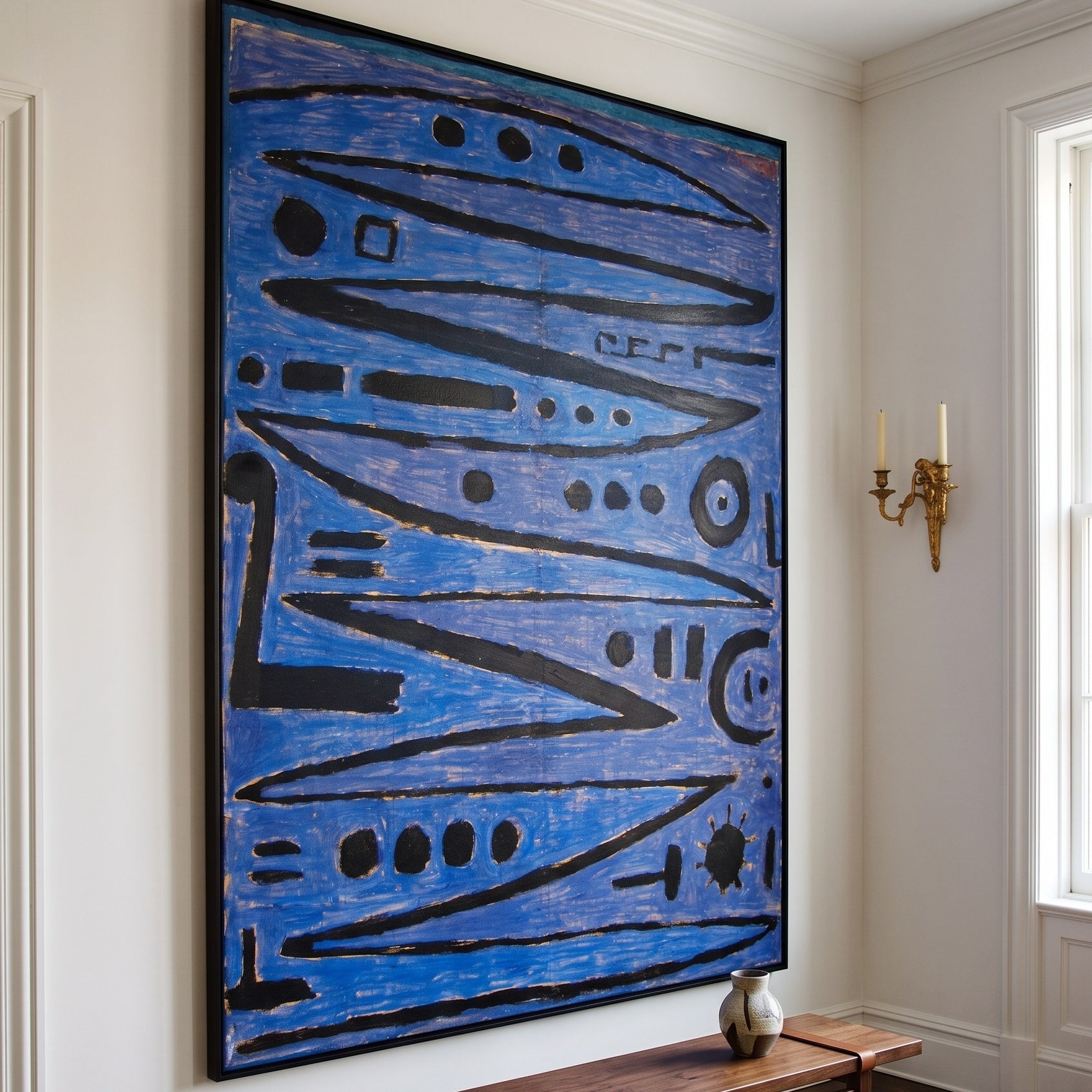Heroic Strokes of the Bow by Paul Klee — large blue and black Geometric Abstract canvas art on a hallway wall