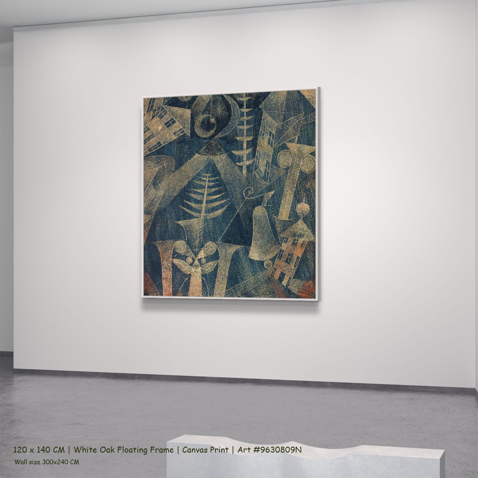 The Bell by Paul Klee in a white oak floating frame, large blue and gold Colourful Abstract canvas