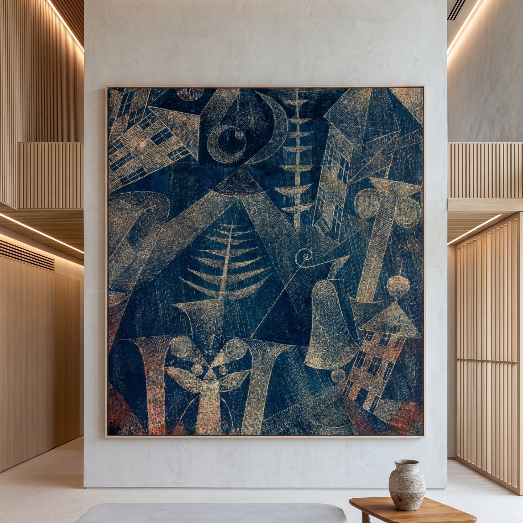 The Bell by Paul Klee — large blue and gold Colourful Abstract canvas art on a hallway wall