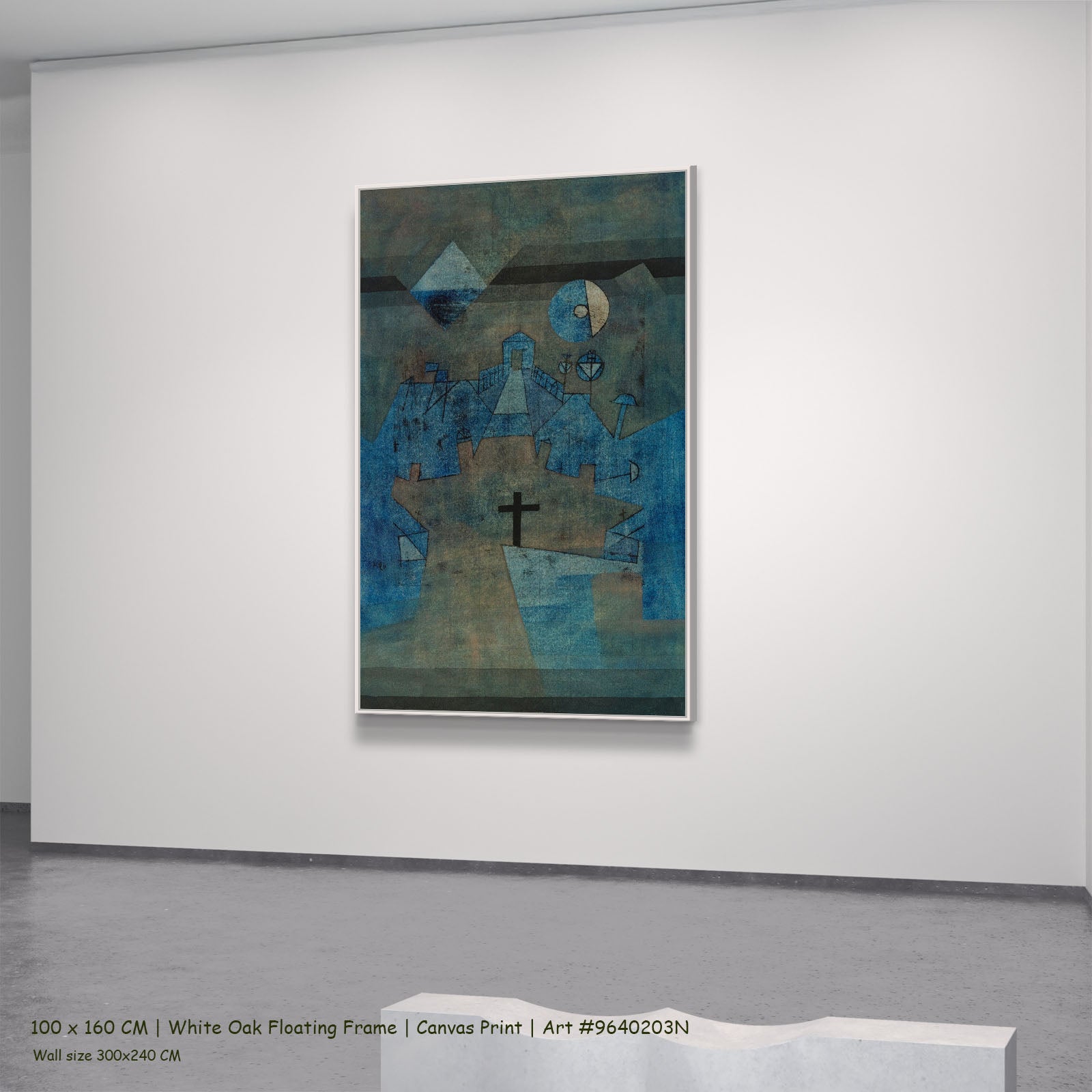 Dune Cemetery by Paul Klee in a white oak floating frame, large blue and green Modern Abstract canvas