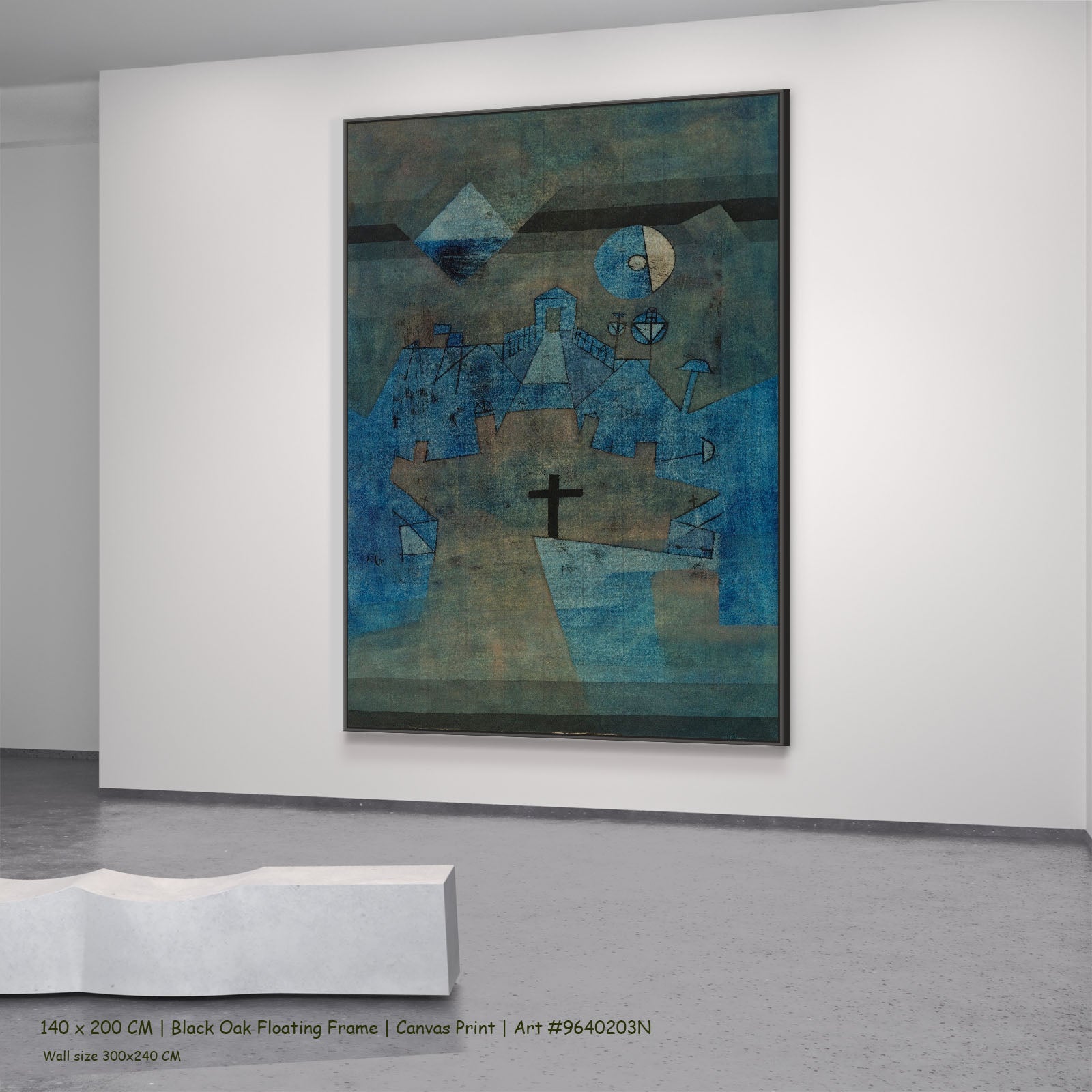 Dune Cemetery by Paul Klee in a black oak floating frame, large blue and green Modern Abstract canvas