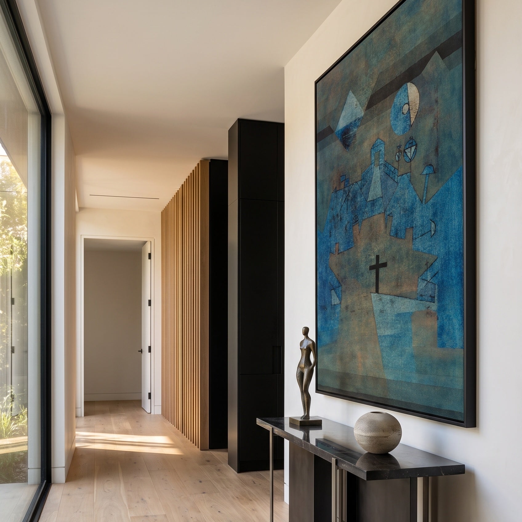 Dune Cemetery by Paul Klee — large blue and green Modern Abstract canvas art on a hallway wall